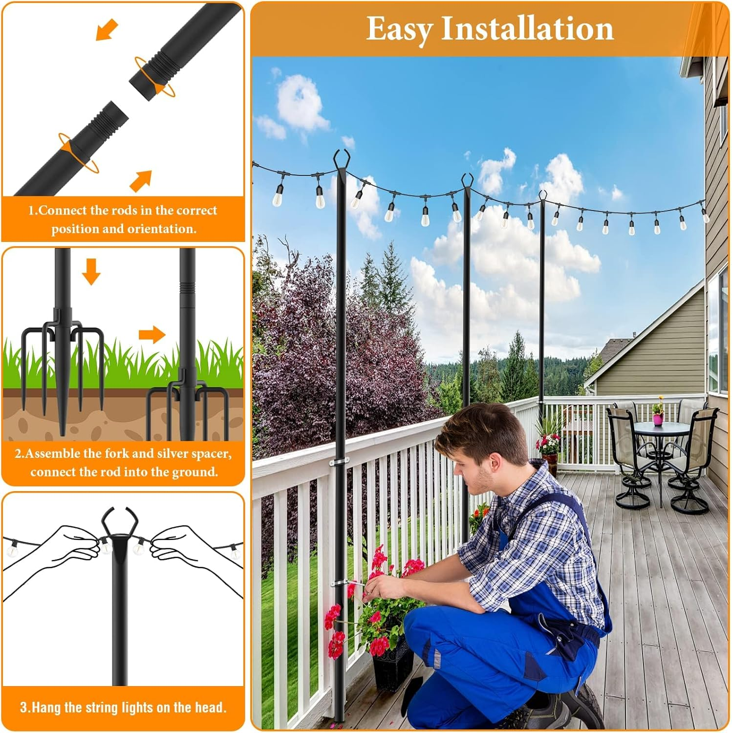 2 Pack String Light Poles,10 Ft Light Poles for outside String Lights,Outdoor Light Poles with Fork,Metal Poles Stand for Patio Deck Backyard image number 6