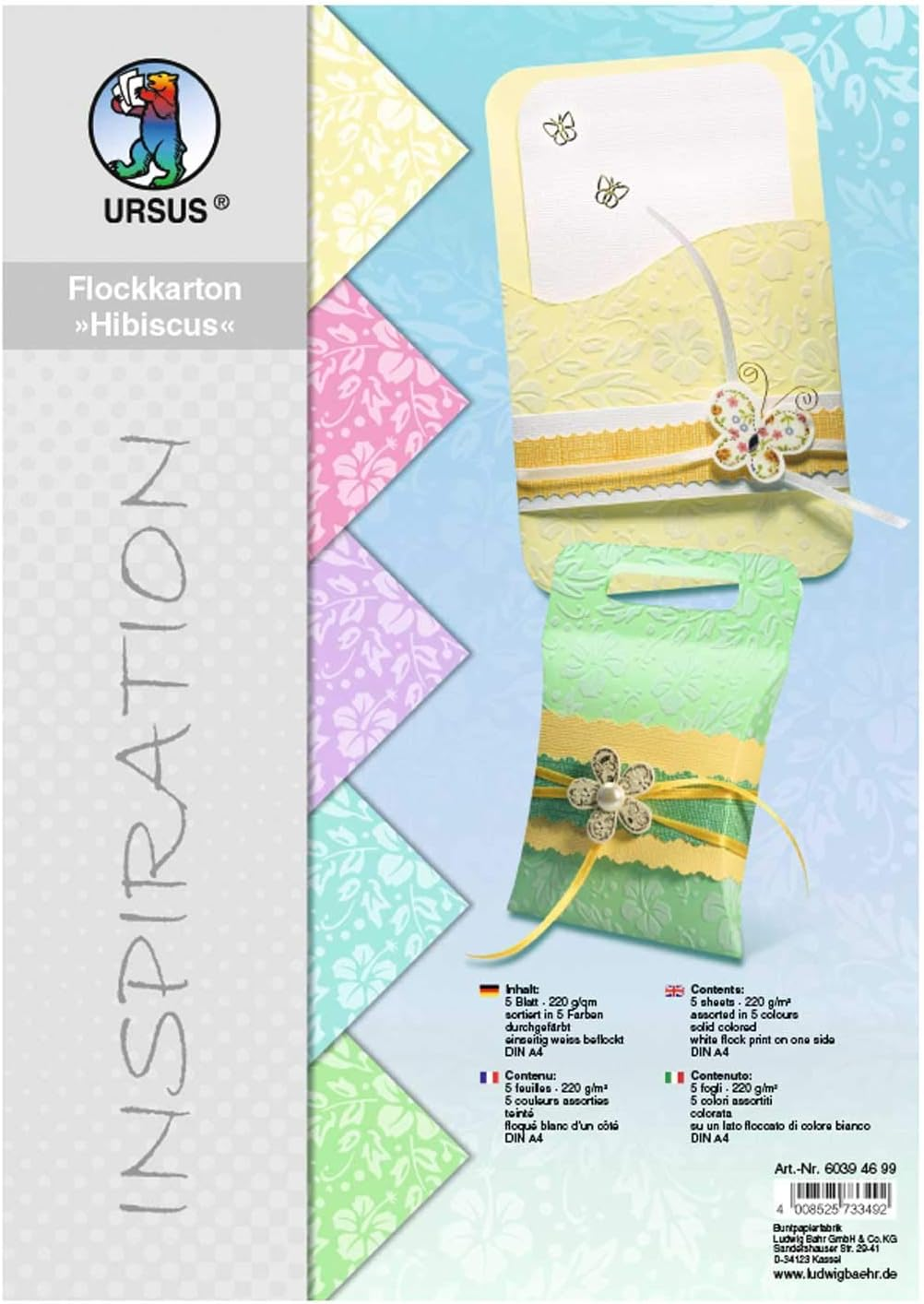 Ursus 60404699 - Flock Cardboard, Roses, Pastel, DIN A4, 220 G/M&sup2;, 5 Sheets in , Dyed, One-Sided with White Flock, Ideal for Creative Crafts