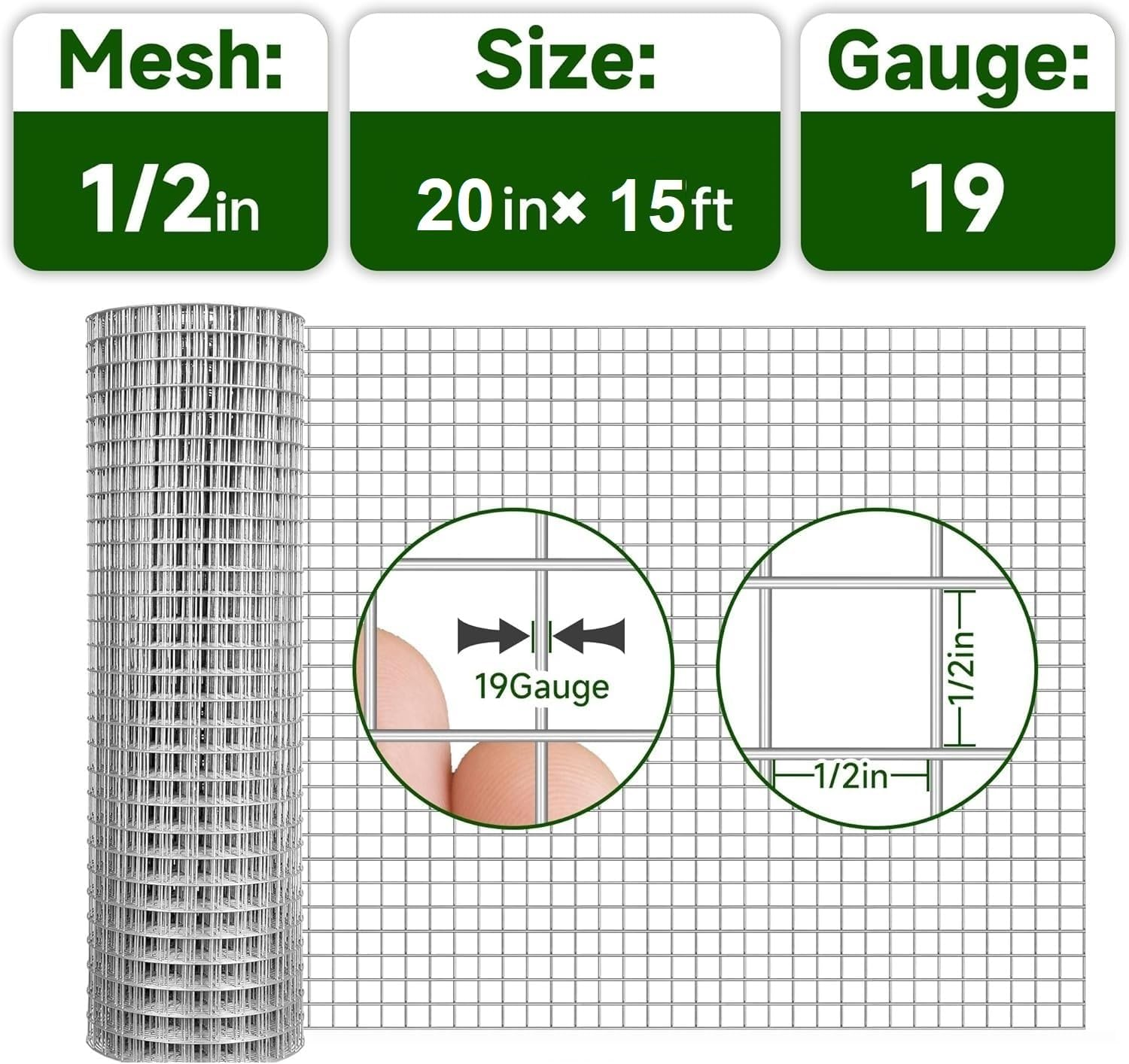 Hardware Cloth 1/2Inch 20Inx15Ft 19 Gauge,Double-Layer Hot-Dip Galvanizing after Welding,Chicken Wire Netting Garden Wire Fencing Rabbit Snake Fence Chicken Coop Plant Supports image number 1