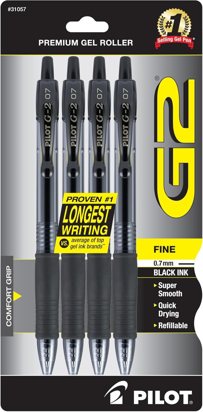 PILOT G2 Premium Refillable & Retractable Rolling Ball Gel Pens, Fine Point, Black Ink, 4-Pack (31057)