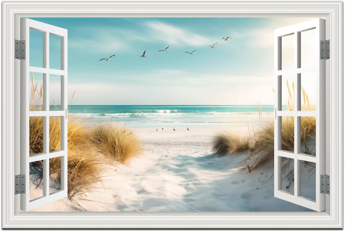 Beach Wall Art Decor Tropical Ocean Canvas Picture for Living Room White Window Frame Style Blue Seascape Paiting for Bedroom Coastal Theme Landscape for Home Office Decorations Ready to Hang(24"*36")