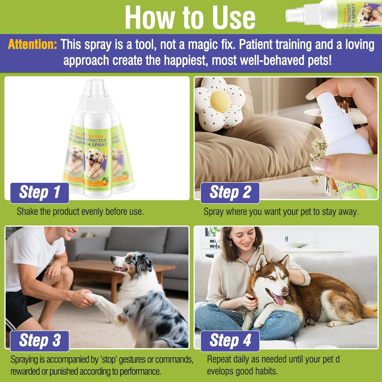 Cat Deterrent Spray for Peeing, Effective Dog Deterrent & Pee Corrector Spray, Training Methods for Furniture, Indoor and Outdoor Safe for Pet & Human, 4 Oz / 120 Ml image number 5