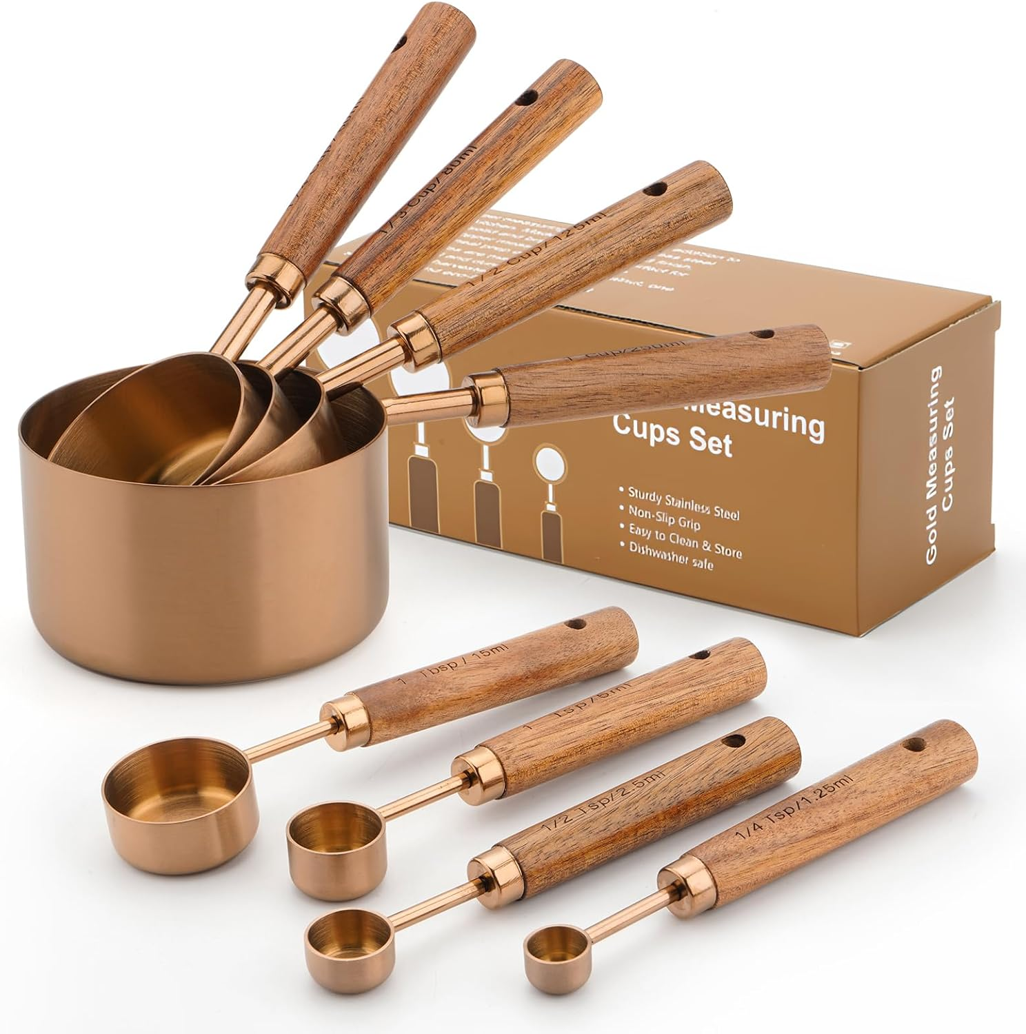Gold Measuring Cups and Spoons Set with Wood Handles, Premium Stainless Steel Measuring Spoons and Measuring Cups Set (Set-Rose Gold)