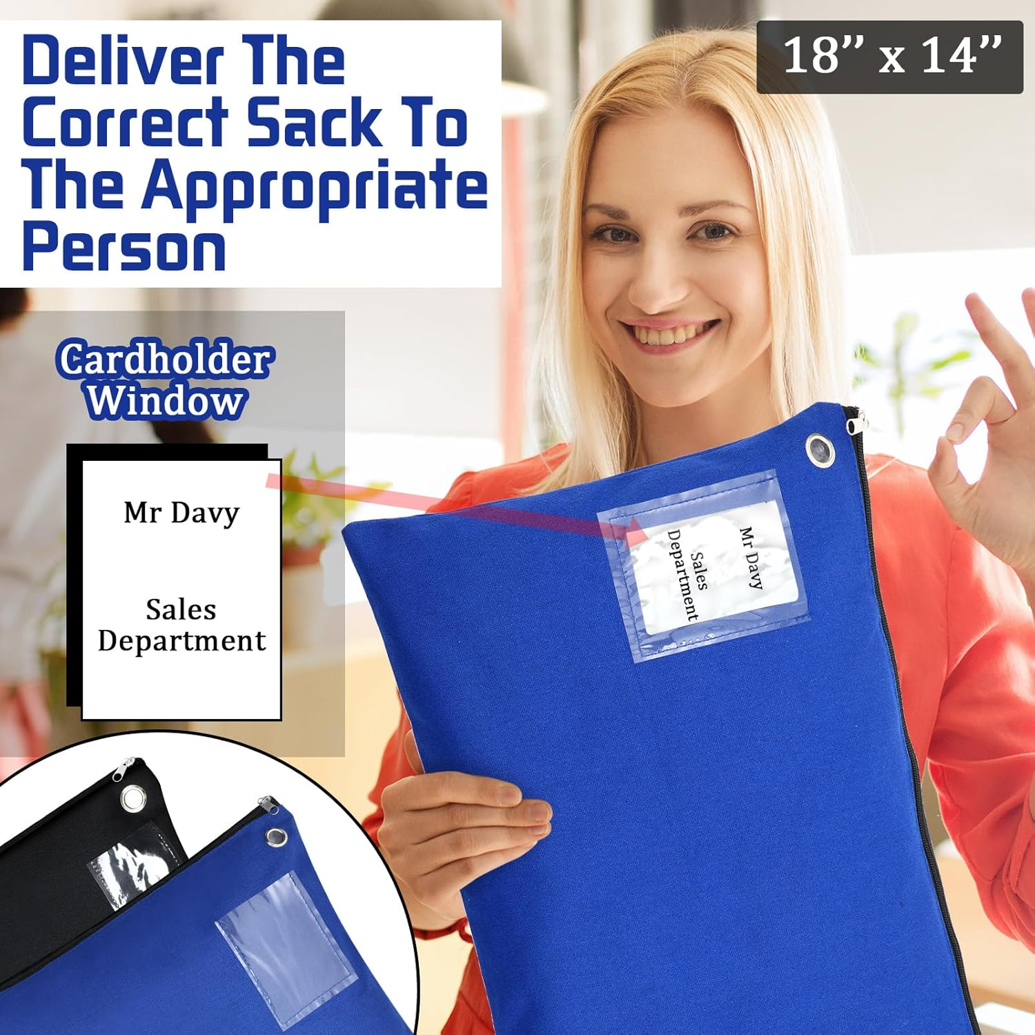 Humyoun 2 Pcs Interoffice Mailer Canvas Transit Sack Zipper Bag 18" X 14" Large Zipper Pouch with Grommet Interoffice Mail Bag (Black,Blue) - 2, Black, Blue image number 4