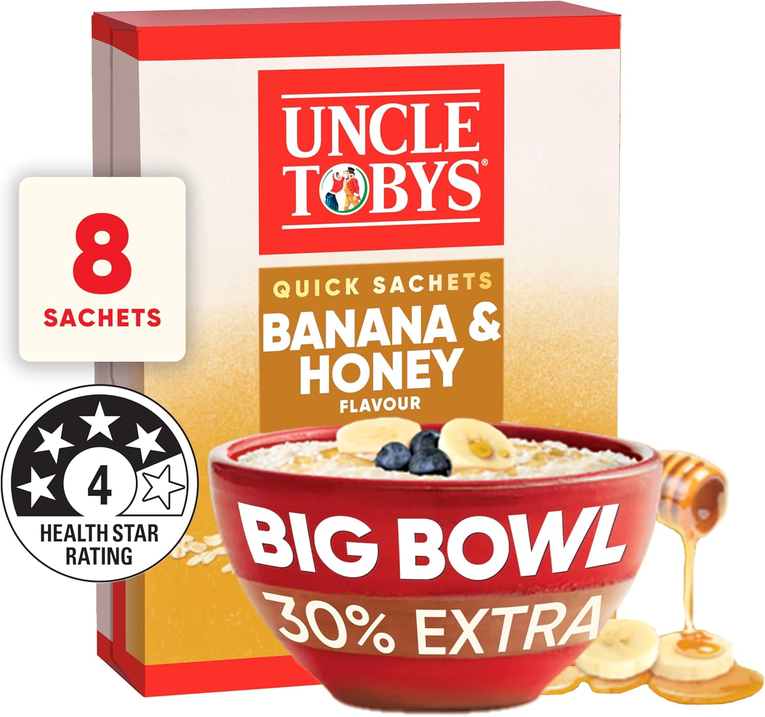 UNCLE TOBYS Oats Quick Sachets Banana and Honey, Big Bowl, 8 Sachets