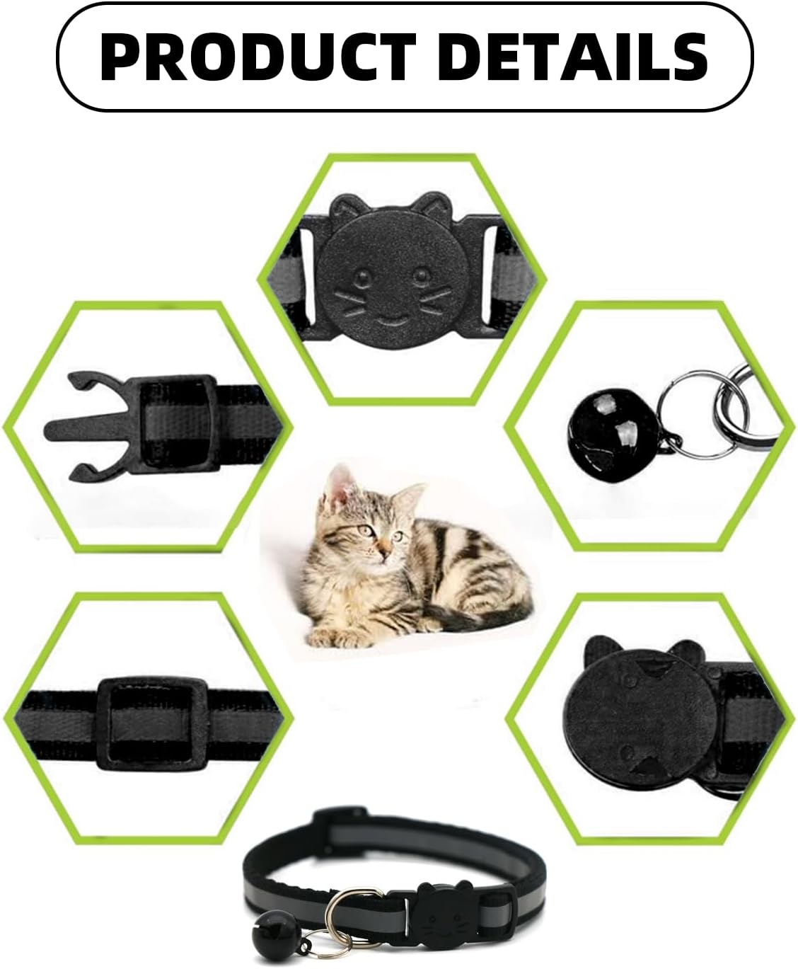 KGDUYC 3 Pieces Reflective Cat Collar with Safety Clasp and Bell, Adjustable Collar Cat Kitten Cat Collars Quick Release Reflective Kitten Collar, 19-32 Cm, Black image number 5