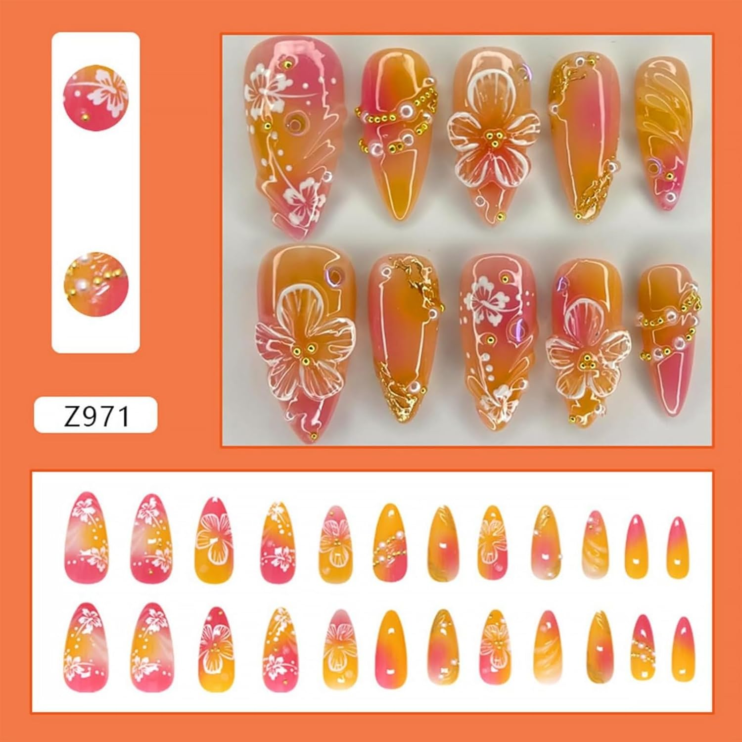 GHQHSQ 24Pcs Flower Press on Nails Medium Almond Fake Nails 3D Floral with Gold Pearl Rhinestones Glitter Glossy Design Orange Full Cover Stick on Nails Spring Summer False Nails for Women Acrylic Nails image number 1