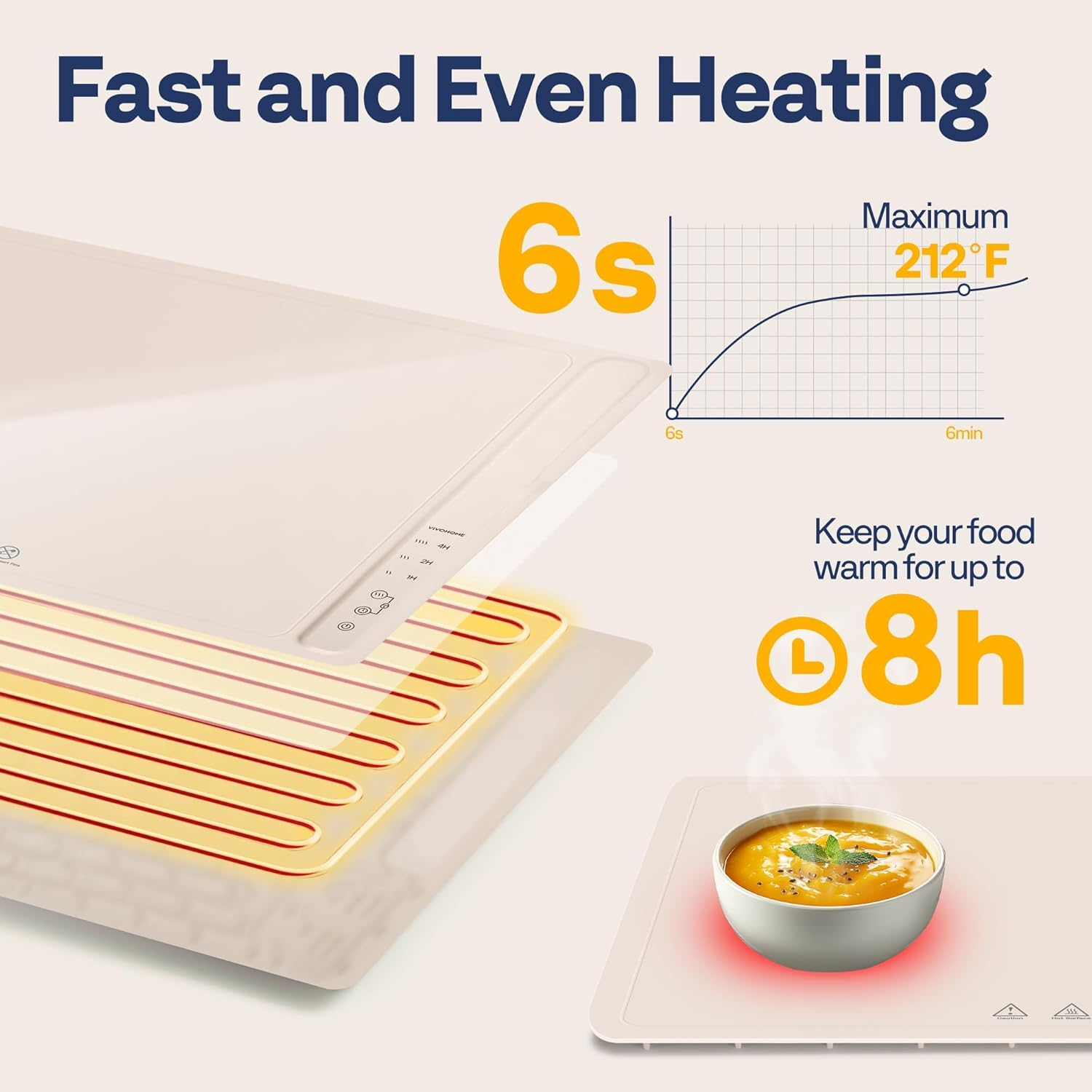Food Warming Mat for Buffets, Full Surface Heating 3-Level Temperature and Timer Setting, Automatic Child Safety Lock, Electric Silicone Food Warmer for Parties, Gatherings, Khaki image number 3
