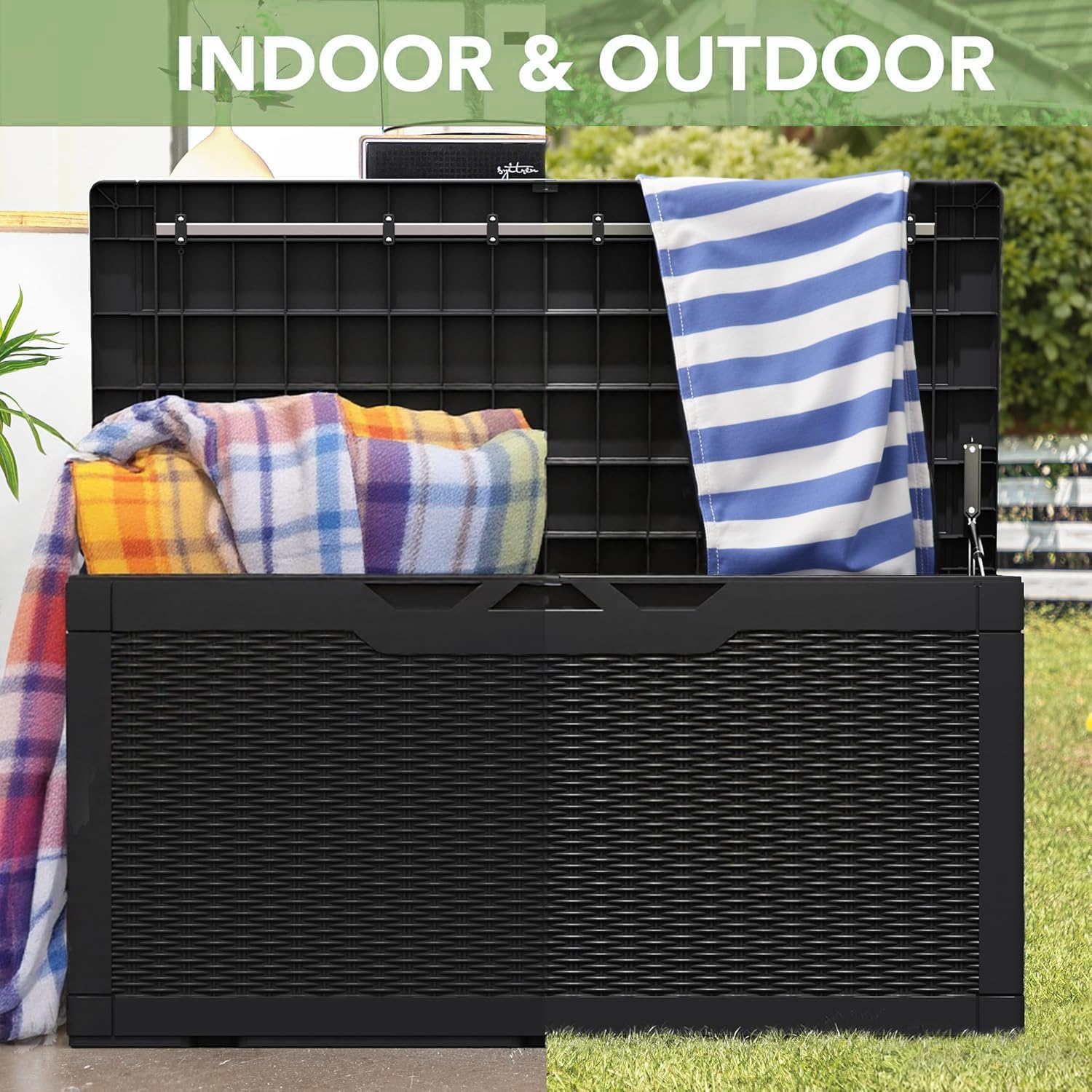 378L Waterproof Resin Storage Box Large Lockable Deck Box for Outdoor Cushions & Garden Tools, Patio Furniture Container, Bench Seating (Black) - Grey image number 7