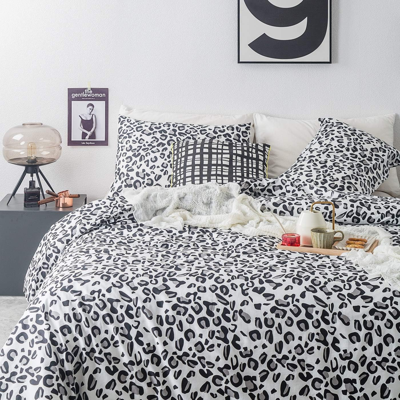 SUSYBAO Black Leopard Duvet Cover King 100% Cotton 3 Pieces Set 1 Grey White Cheetah Patterned Duvet Cover with Zipper Ties 2 Pillowcases Modern Wild Animal Print Bedding Set Soft