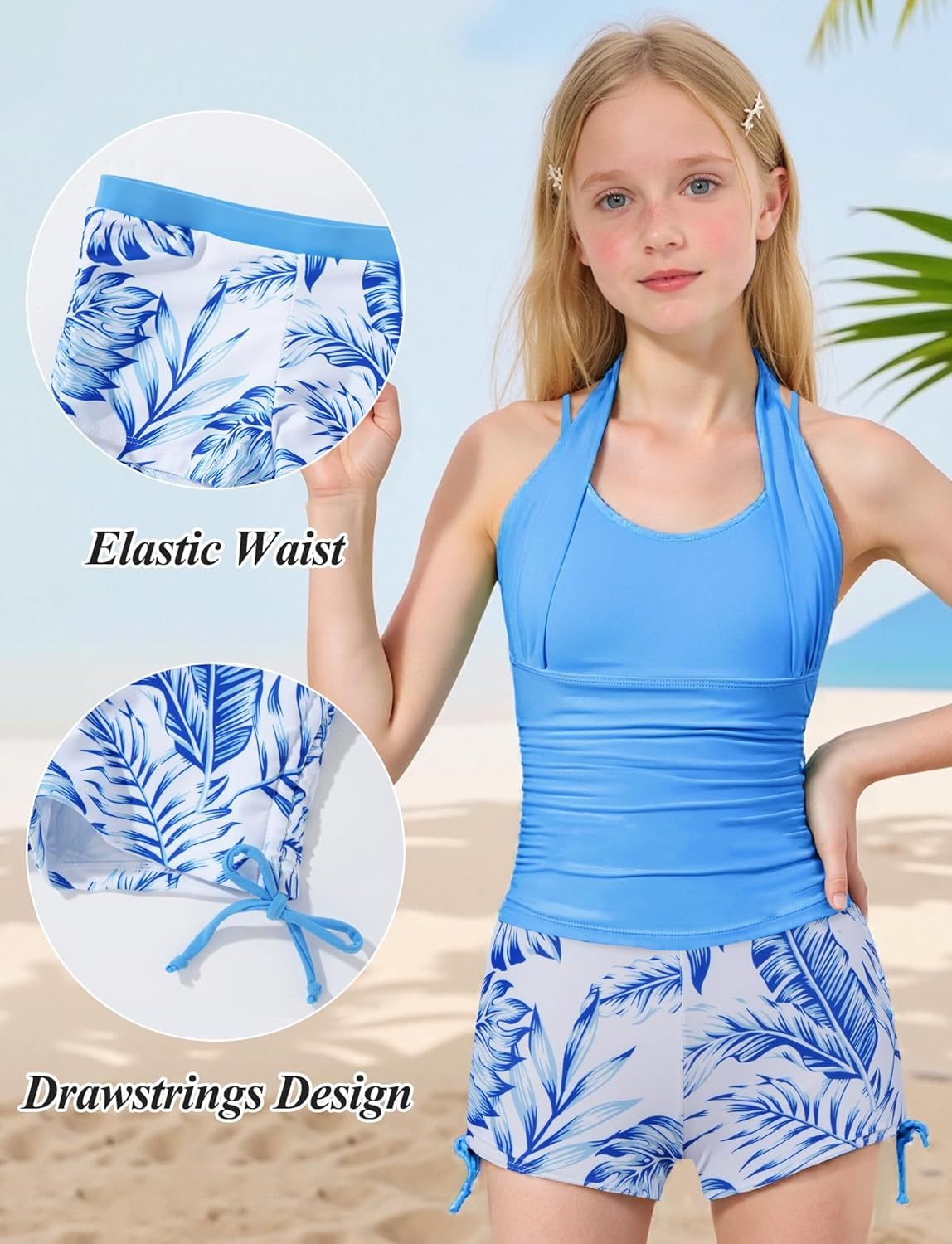 KEOYA Girls 2 Piece Tankini Swimsuit with Straps Printed Swimming Shorts Kids Teenager Swimwear image number 1