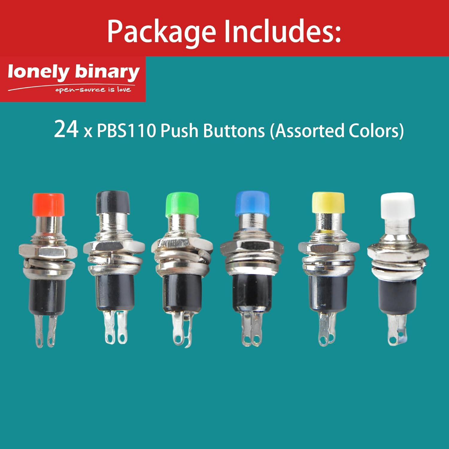 Lonely Binary 24-Pack PBS110 Momentary Push Buttons &ndash; Assorted Color Panel Mount SPST On-Off Switches for Arduino, ESP32, Raspberry Pi Pico & DIY Electronics image number 3