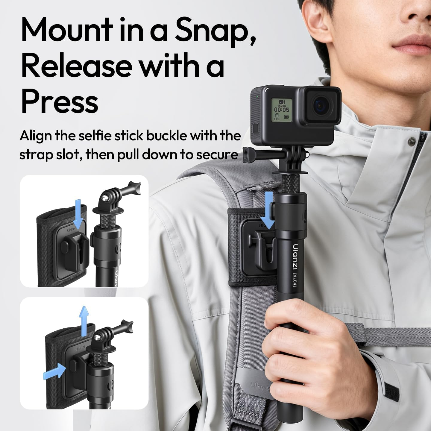 ULANZI VL04 Invisible Selfie Stick - 114CM Extension Pole with Velcro Strap, Universal 1/4" Mount & ARRI Pins, Compatible with Insta360 X5/X4/X3/Ace Pro/Gopro Hero 13-5/DJI OSMO Pocket 3/Xtra image number 2