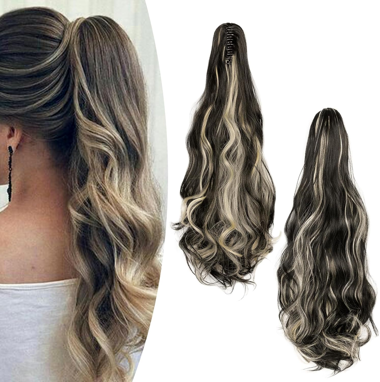 Gairyan 20Inch Ponytail Extension Clip in Ponytail Hair Extensions Curly Wavy Pony Tails Claw on Ponytail Long Wave Synthetic Hairpieces for Women Soft Real Look (Natural Black & Bleach Blonde) image number 4