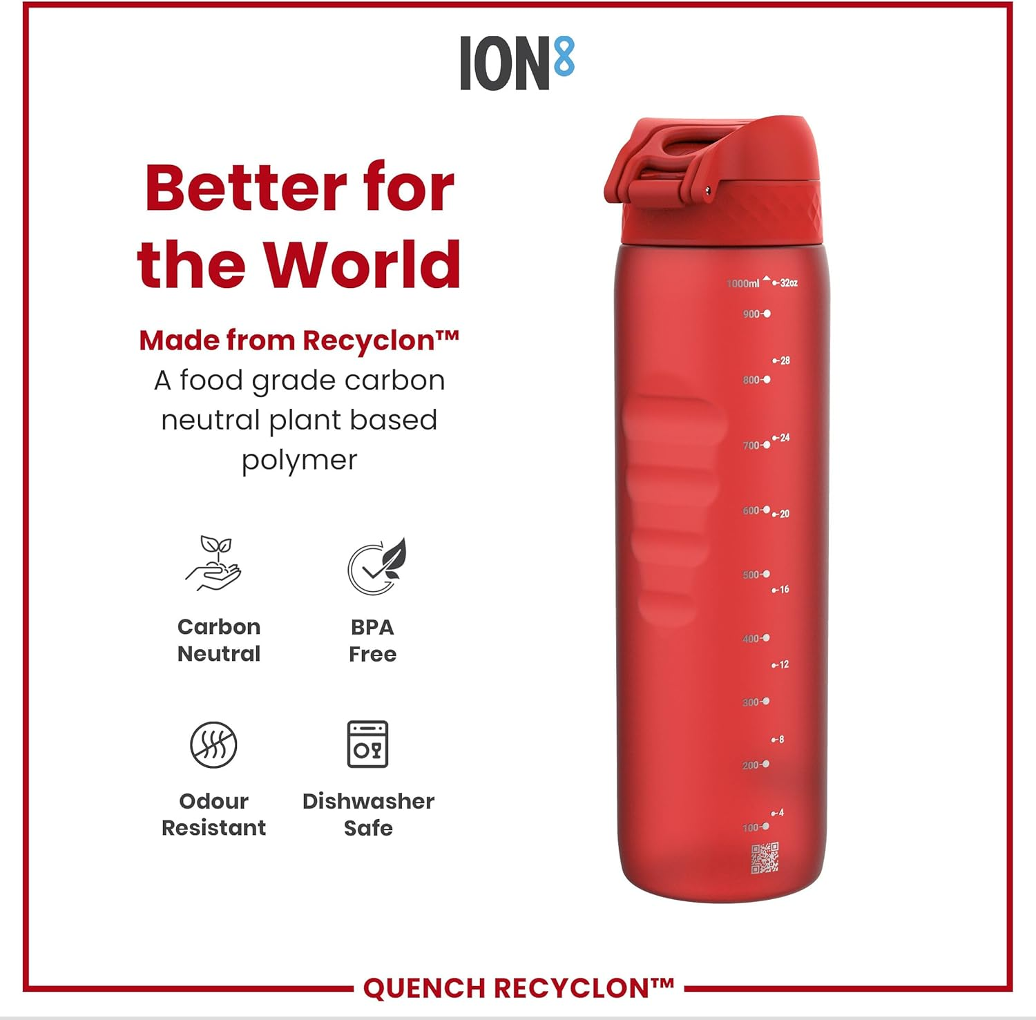 Ion8 1 Litre Water Bottle, Leak Proof, Flip Lid, Carry Handle, Rapid Liquid Flow, Dishwasher Safe, BPA Free, Soft Touch Contoured Grip, Ideal for Sports and Gym, Carbon Neutral Recyclon image number 1