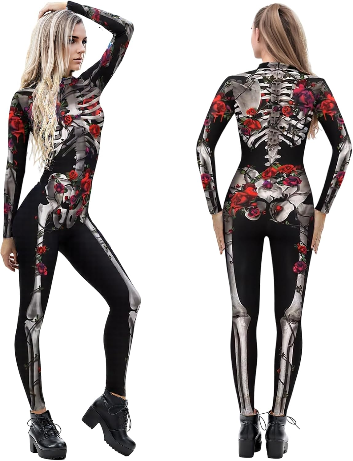 Halloween Skeleton Jumpsuit, Rose Flower Skeleton Jumpsuit image number 3