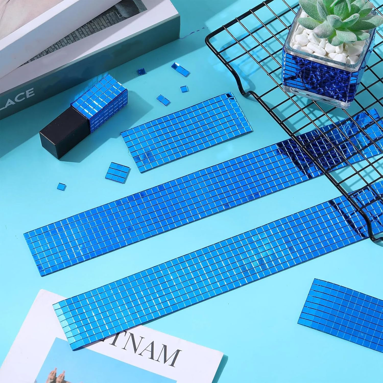 Queekay 4800 Pcs Disco Ball Self Adhesive Mirror Mosaic Tiles Glass 5 X 5 Mm Mini Disco Tiles Stickers Tape for Crafts Small Square Mirror for DIY Decoration(Blue) image number 6