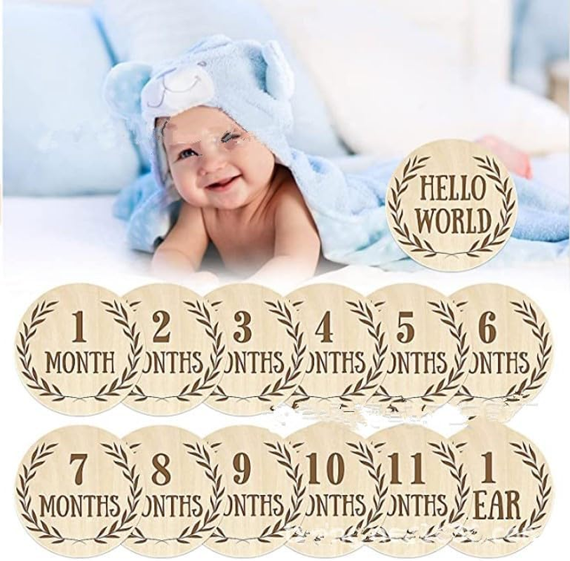 Baby Monthly Milestone Cards Sign, 13Pcs Wooden Monthly Milestone Cards Baby Announcement Cards Baby Monthly Milestone Discs, Baby Growth and Pregnancy Growth Cards,Wooden Baby Milestone Cards Discs image number 4