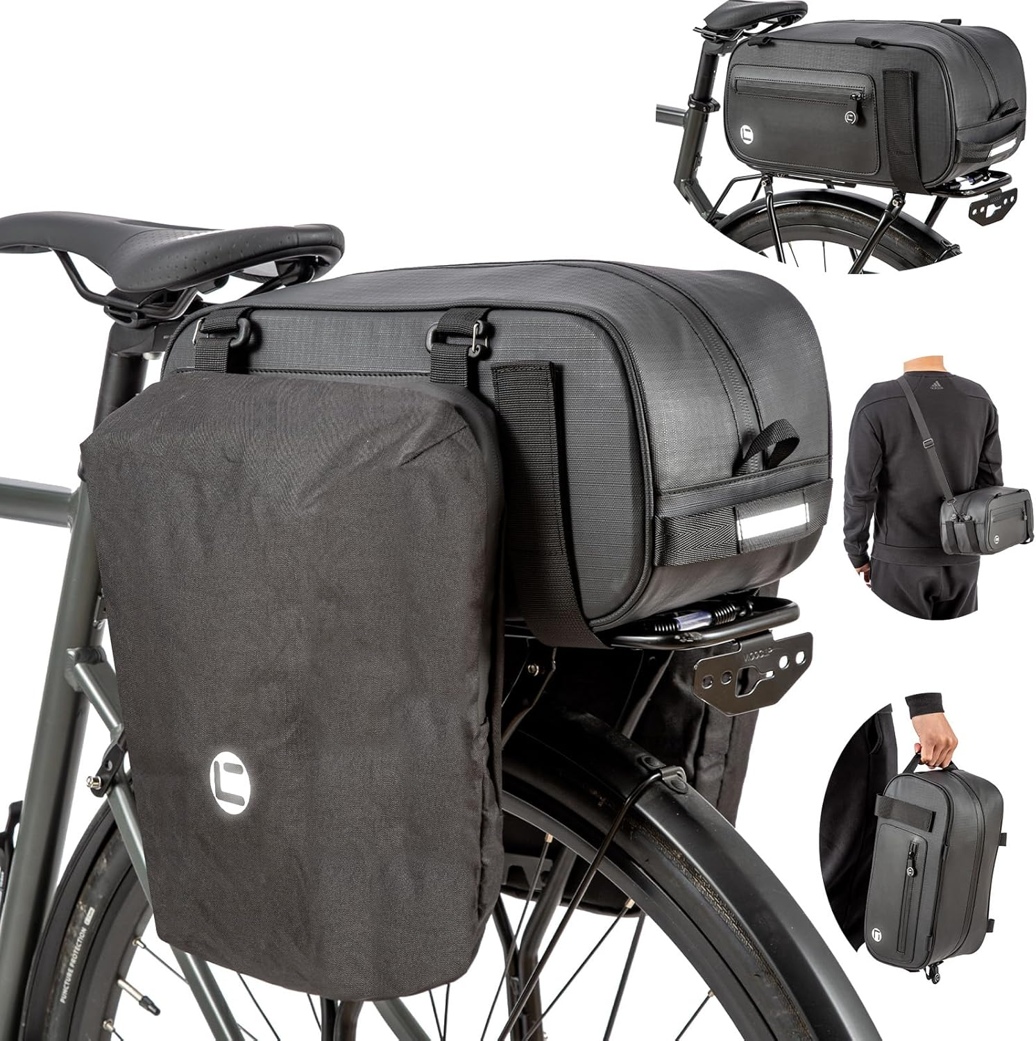 Huijukeji Bike Trunk Bag 360 &deg; Reflective Bicycle Backpack 12L Rear Bike Cargo Rack Bags Storage Pannier Saddle Bag 3-In-1 Multifuction Waterproof Travel Accessories Expandable Luggage Trunk Bag