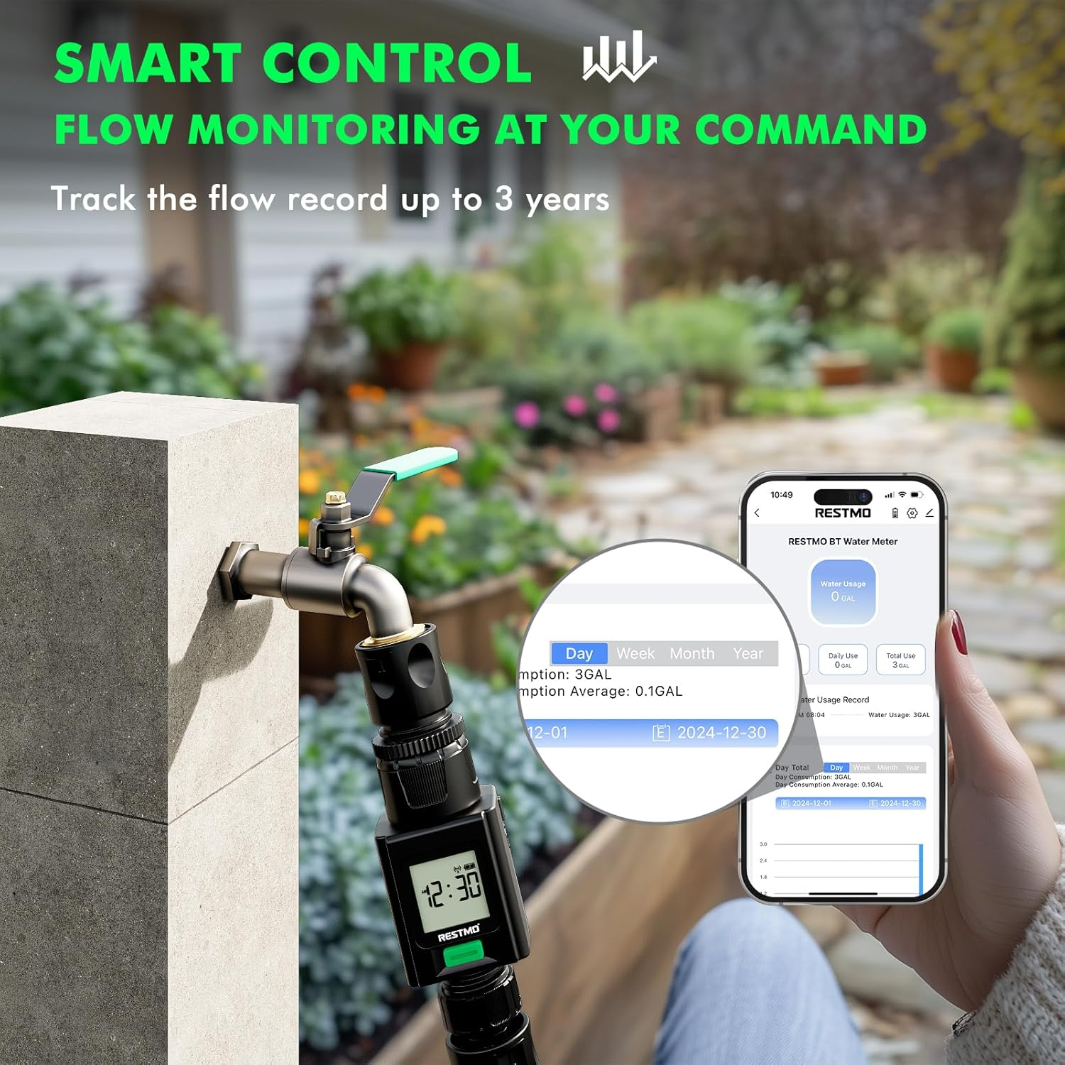 RESTMO Smart Water Flow Meter, 180&deg; Adaptive Garden Hose Tap Meter, Measure Gallon/Liter Consumption and Flow Rate for Outdoor Garden Hose Watering, RV Water Tank Filling, Lawn Sprinkler and Nozzle image number 3