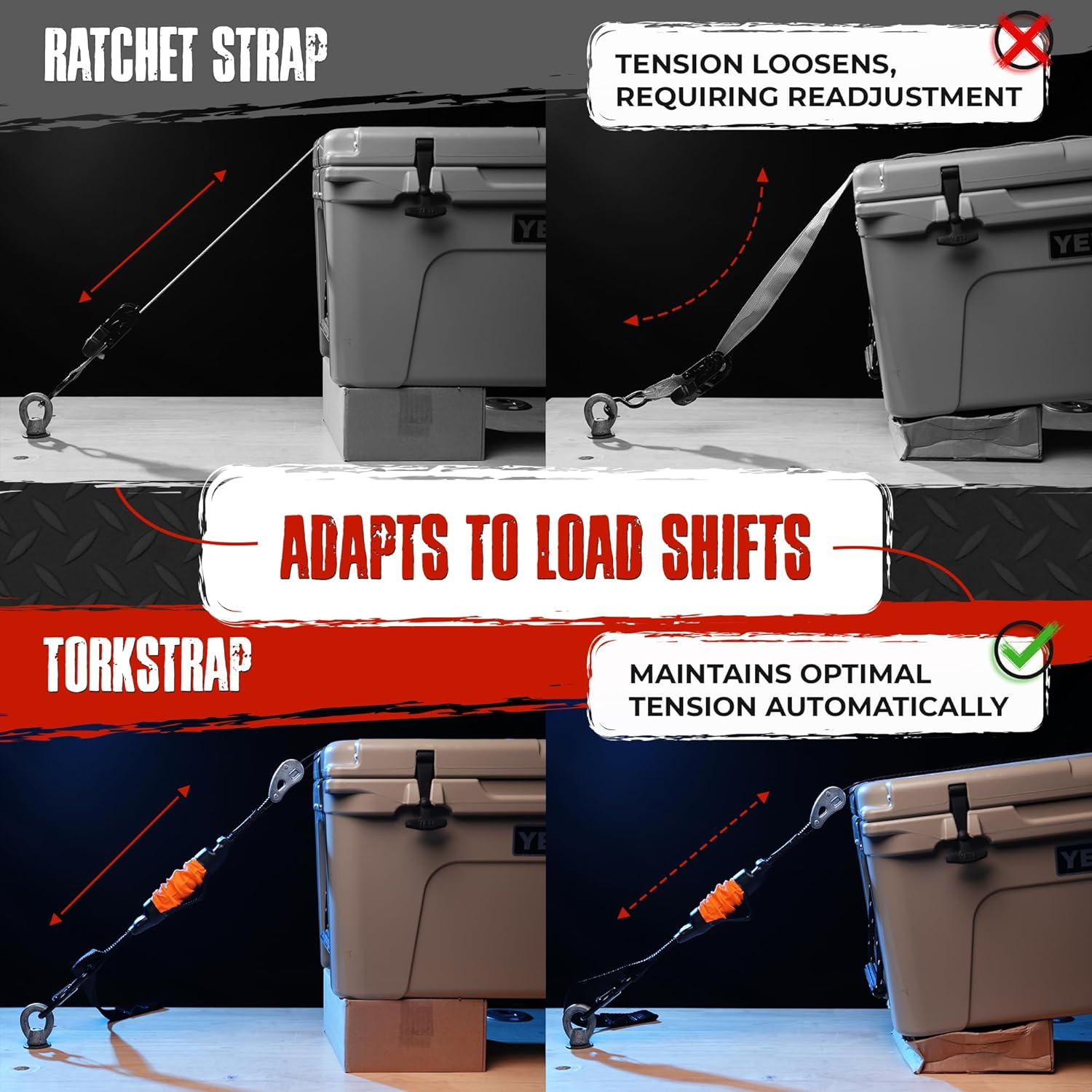 Torkstrap HD750 | 14'X1.5'' Spring Loaded Tie down Straps - Adapts to Load Shifts - Heavy Duty 2250Lbs Max Load - Just Pull Alternative to Ratchet Straps W/Hooks - Secure Motorcycles, Kayaks (2-Pack) image number 5