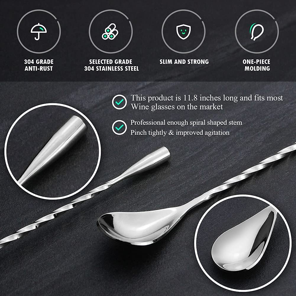 Cocktail Spoon Silver, 11.8 Inches Stirrer, Long Mixing Spoon, Stainless Steel Spiral Long Handle Cocktail Mixer Spoon for Cocktail Shakers, Tall Glasses and Pitchers - Silver image number 3