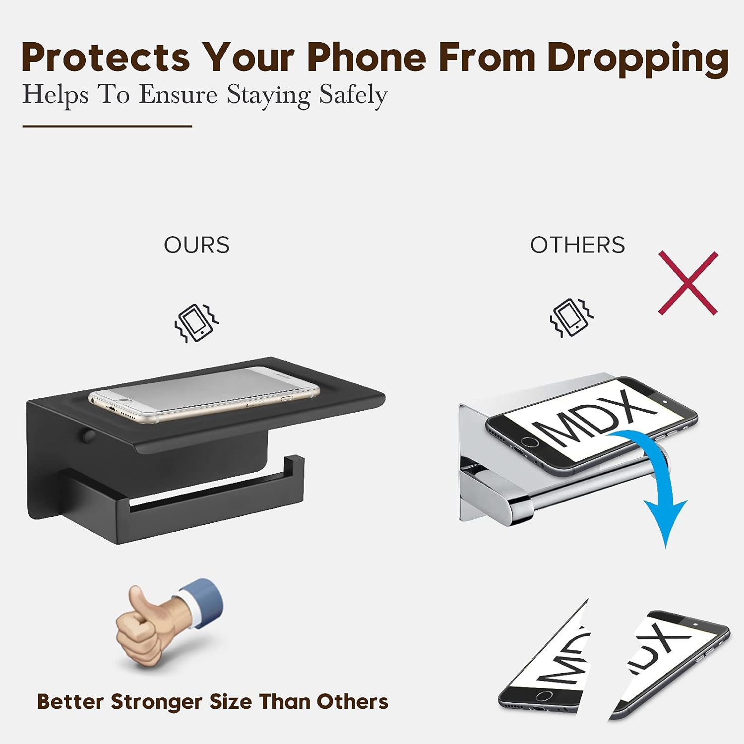 Decaura Toilet Paper Roll Holder with Phone Shelf Wall Mounted 304 Stainless Steel Bathroom Modern Tissue Towel Holder (Black) image number 2