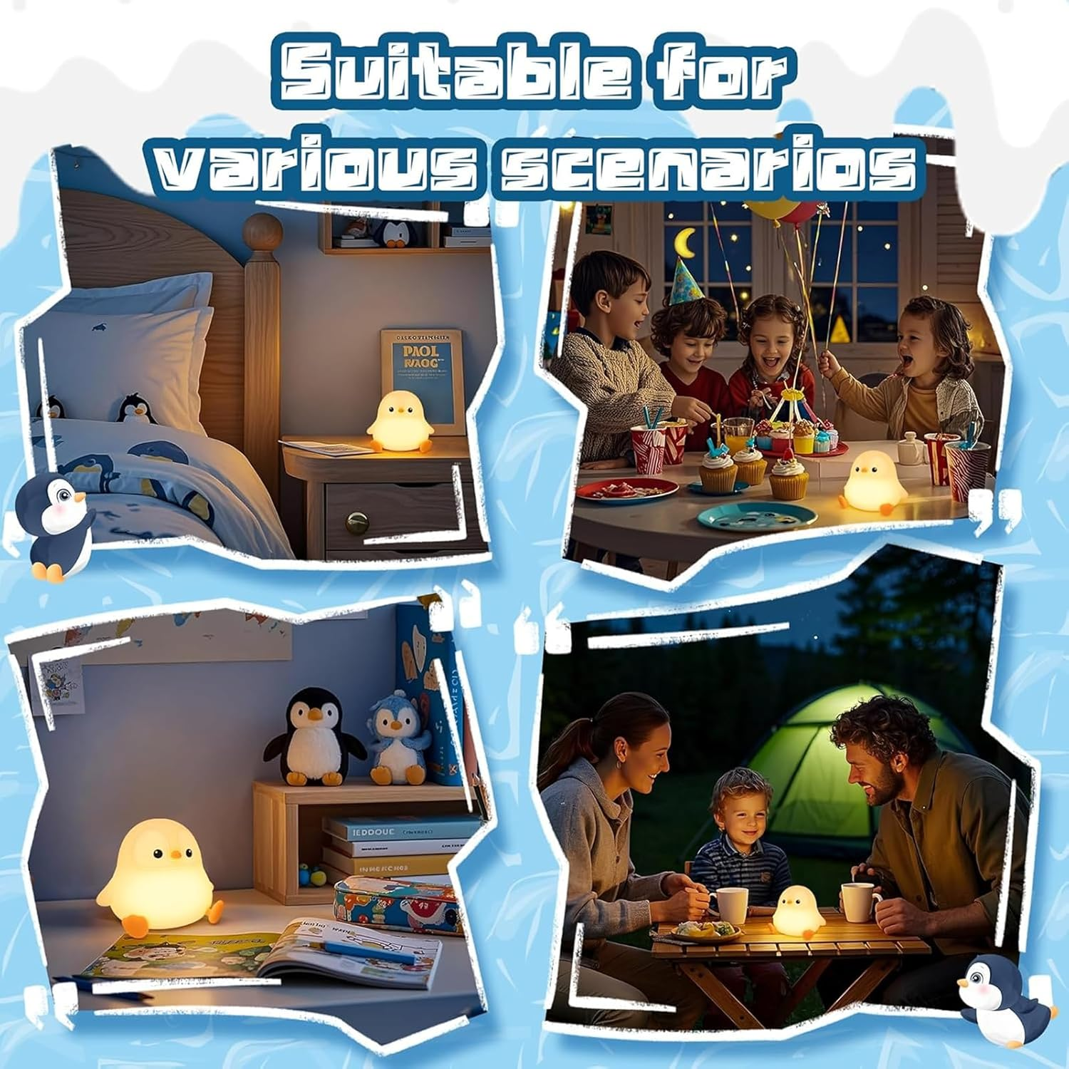 Penguin Night Light, Cute Animal Soft Silicone LED Touch Lamp with Dimmable and Timer, Portable Rechargeable Toddler Bedroom Bedside Table Decor, Birthday Xmas Gifts for Kid Baby Boy Girl image number 4