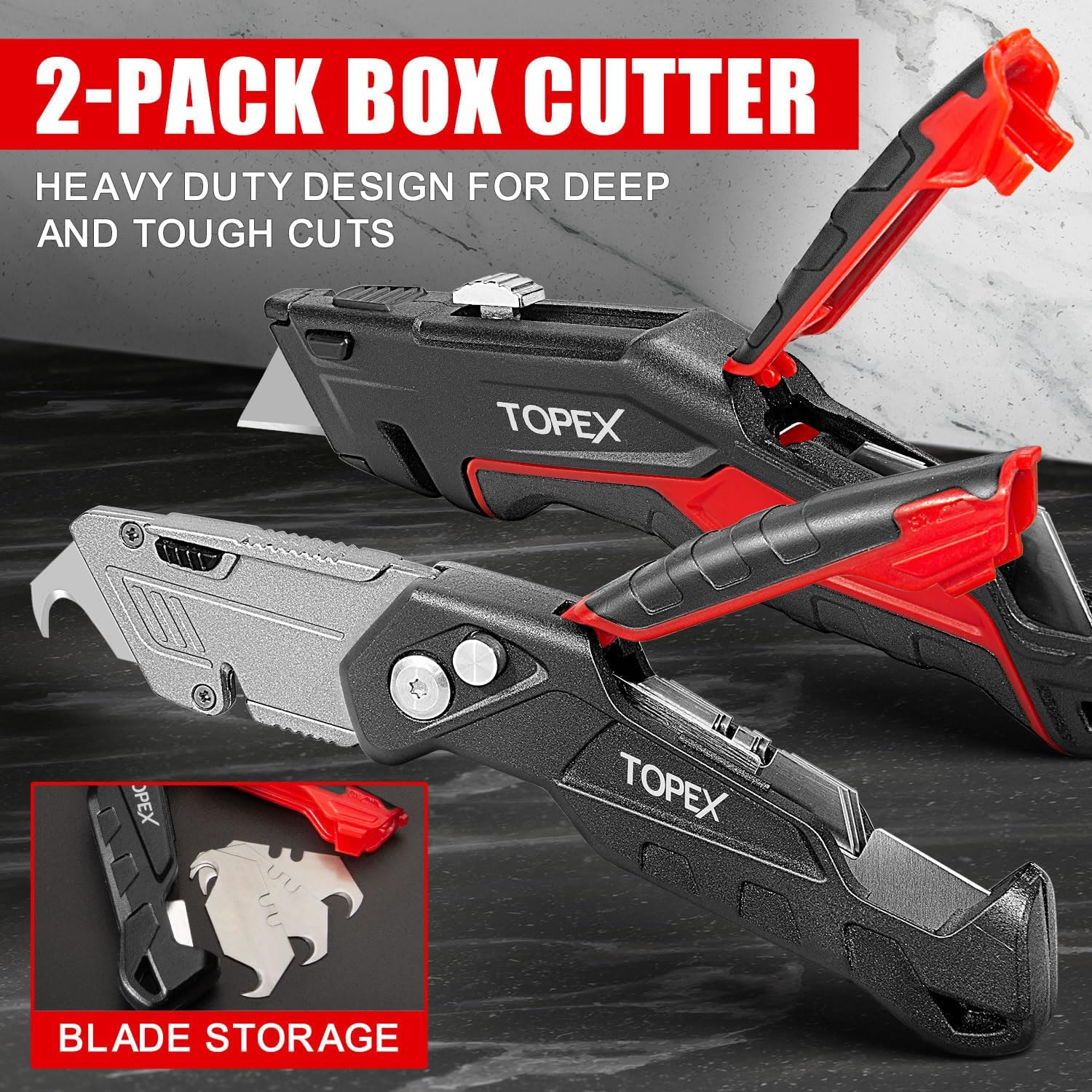 TOPEX 58PCS Folding Utility Knife Set Pocket Blades Box Cutter W/Retractable Blade image number 4