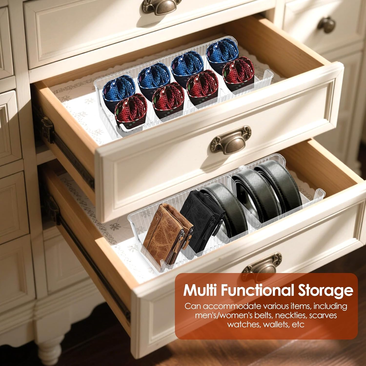 NIPUAEGO 2Pcs Belt Organizer Box, Space Saving Design Three Detachable Partition Belt Storage Case for Closet Dresser 26&times;13.5&times;10.5Cm image number 4