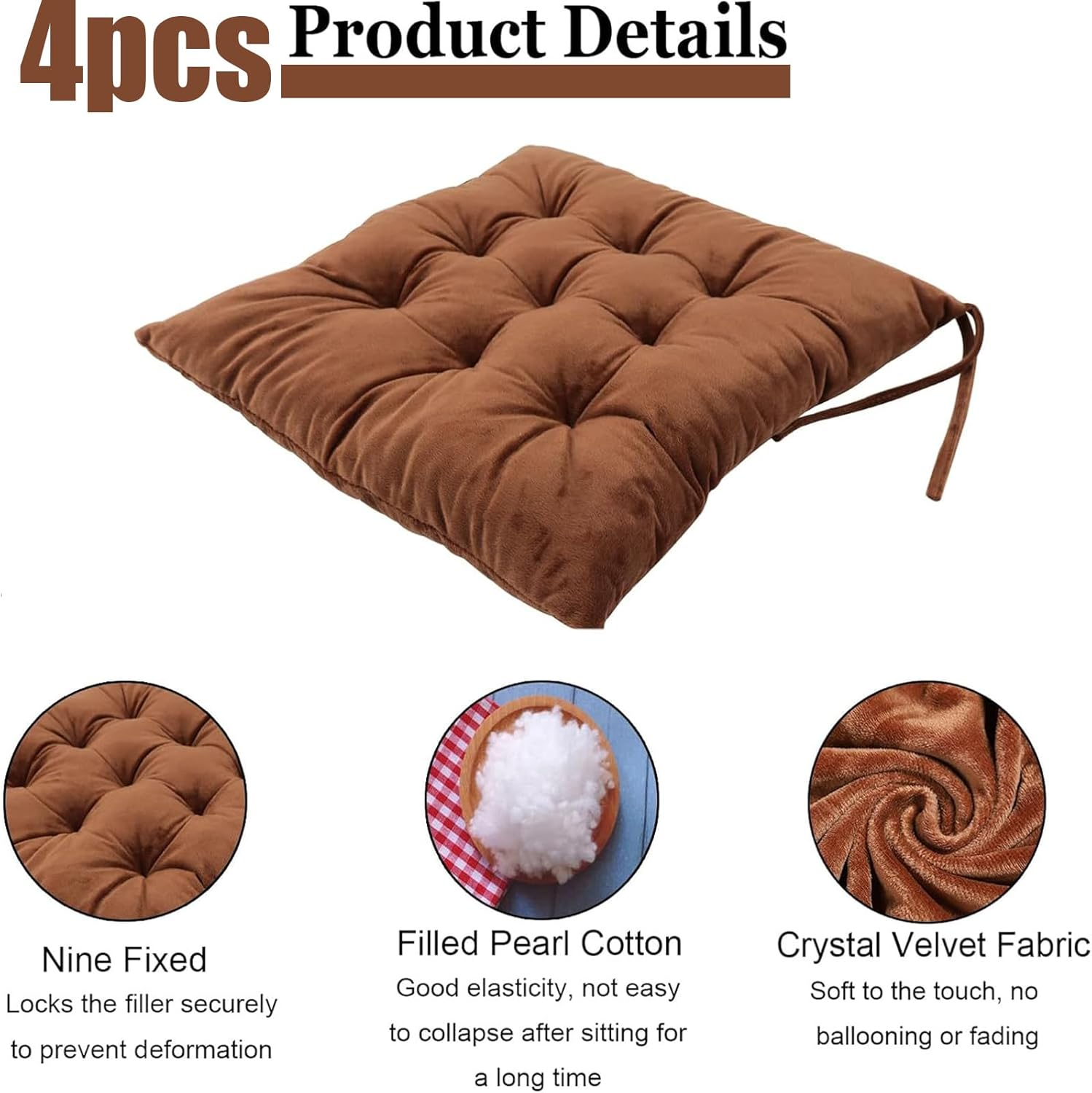 4 Pack Square Seat Cushion Chair Pads for Kitchen Dining Chairs, Soft Comfort Velvet Chair Mat Pillow Cushions with Ties for Office Desk Living Room Tatami 15.5" (Brown) image number 3