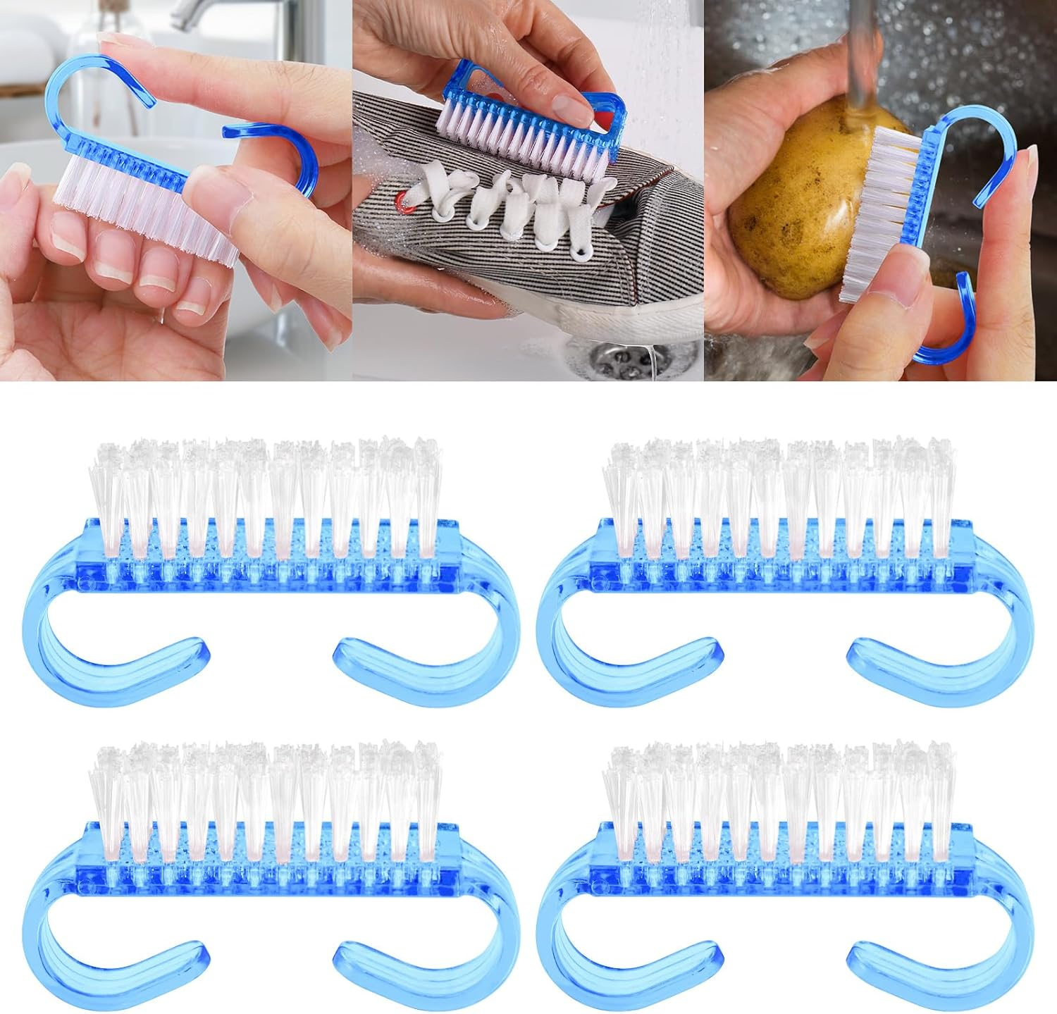 4 Pack Handle Grip Nail Brush,Hand Fingernail Scrub Cleaning Brushes for Toes and Nails Cleaner (Clear)