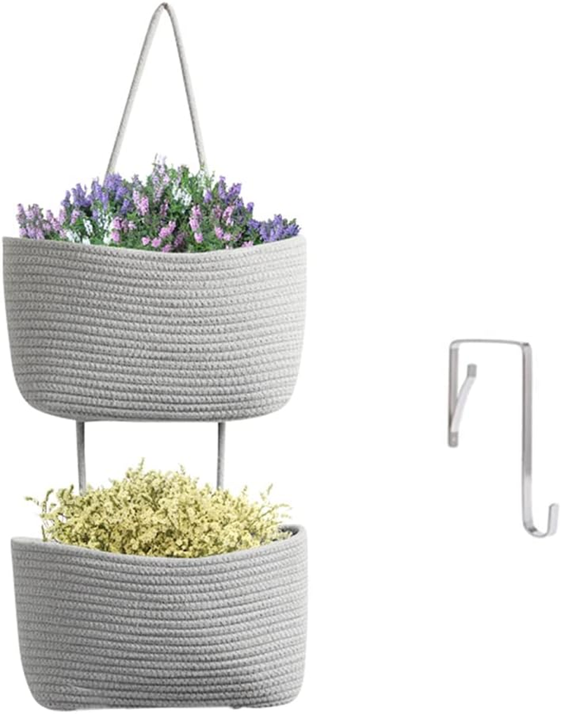 Teokj over the Door Hanging Baskets, 3-Tier Woven Cotton Storage Organizer Bag with Hooks Wall-Mounted Decorative Nursery Kitchen Baskets - White