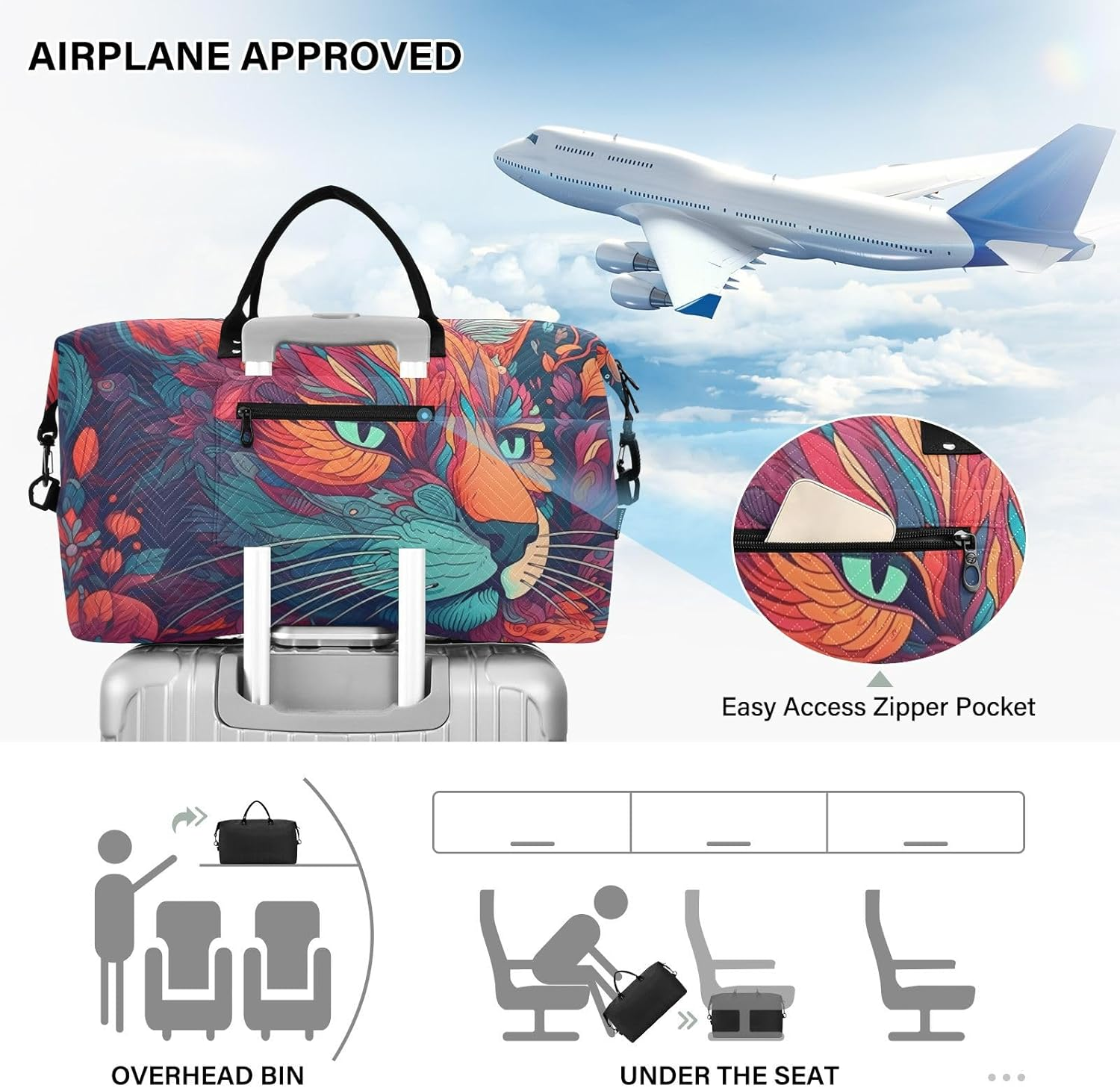 Duffel Bag Set with Toiletry Bag for Travel Gym Sport, Luggage Sleeve Weekender Bag Carry on Overnight Bag-Art Cat Portrait Print, Multicolor, 20.5 X 7.9 X 13.8 Inches+9.1 X 3.5 X 5.9 Inches