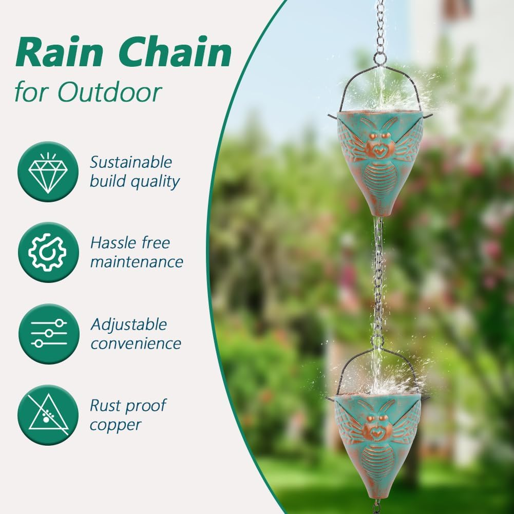 Giole 10 FT Rain Chain for Outside, Rain Chain with 10 Bee Pattern Cups Adjustable Rain Catcher Chain for Gutters, Eaves, Drainage, Replacement for Downpout - Green image number 3