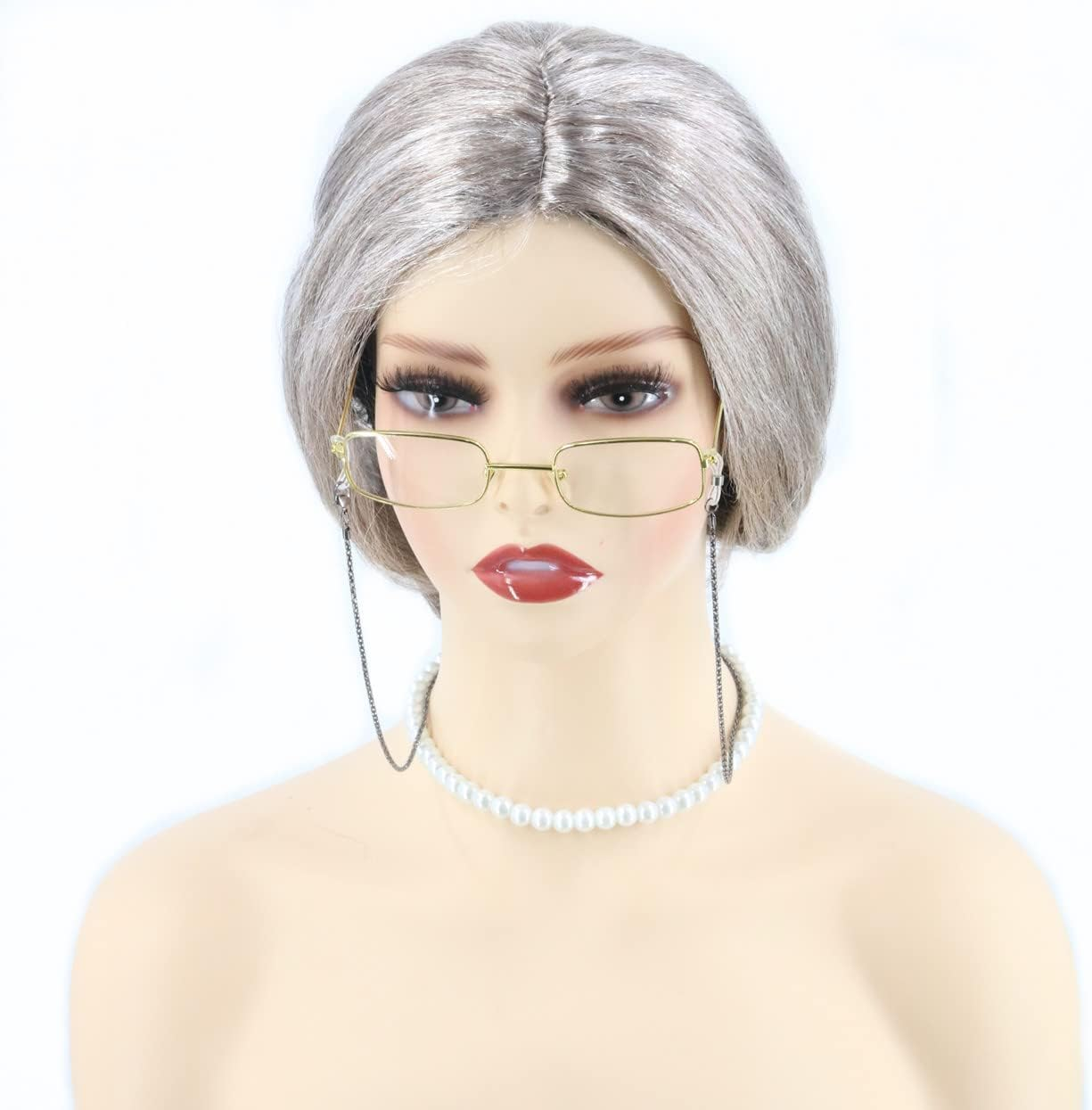 Lemarnia Old Women Wig with Dressing Props Granny Bun Wig Halloween Party Wig (Taupe Brown) - Grey / Brown image number 3