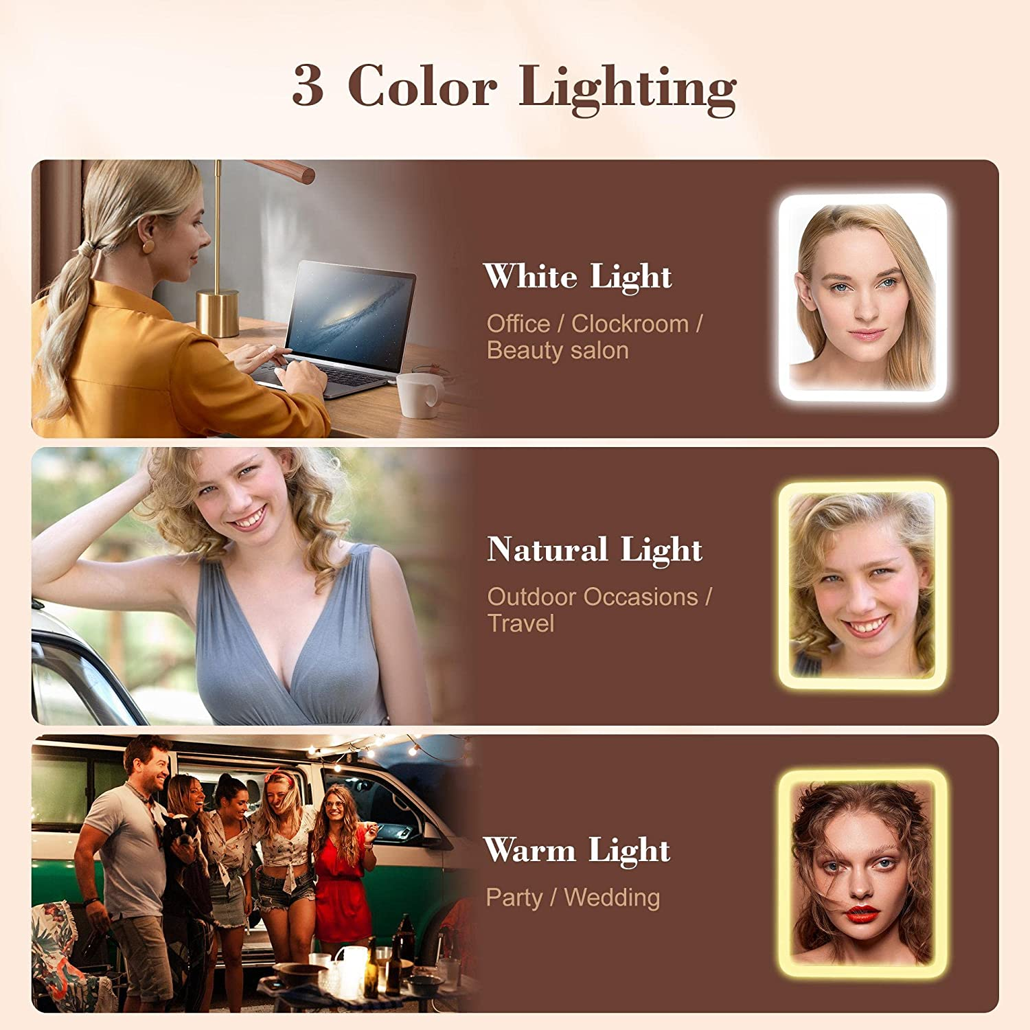 Sejoy Travel Lighted Makeup Mirror, 1X/3X/7X Magnifying Mirror with Lights, 3-Color Light Trifold Vanity Mirror, Adjustable Brightness, Rechargeable, for Tabletop, Bathroom, White image number 1