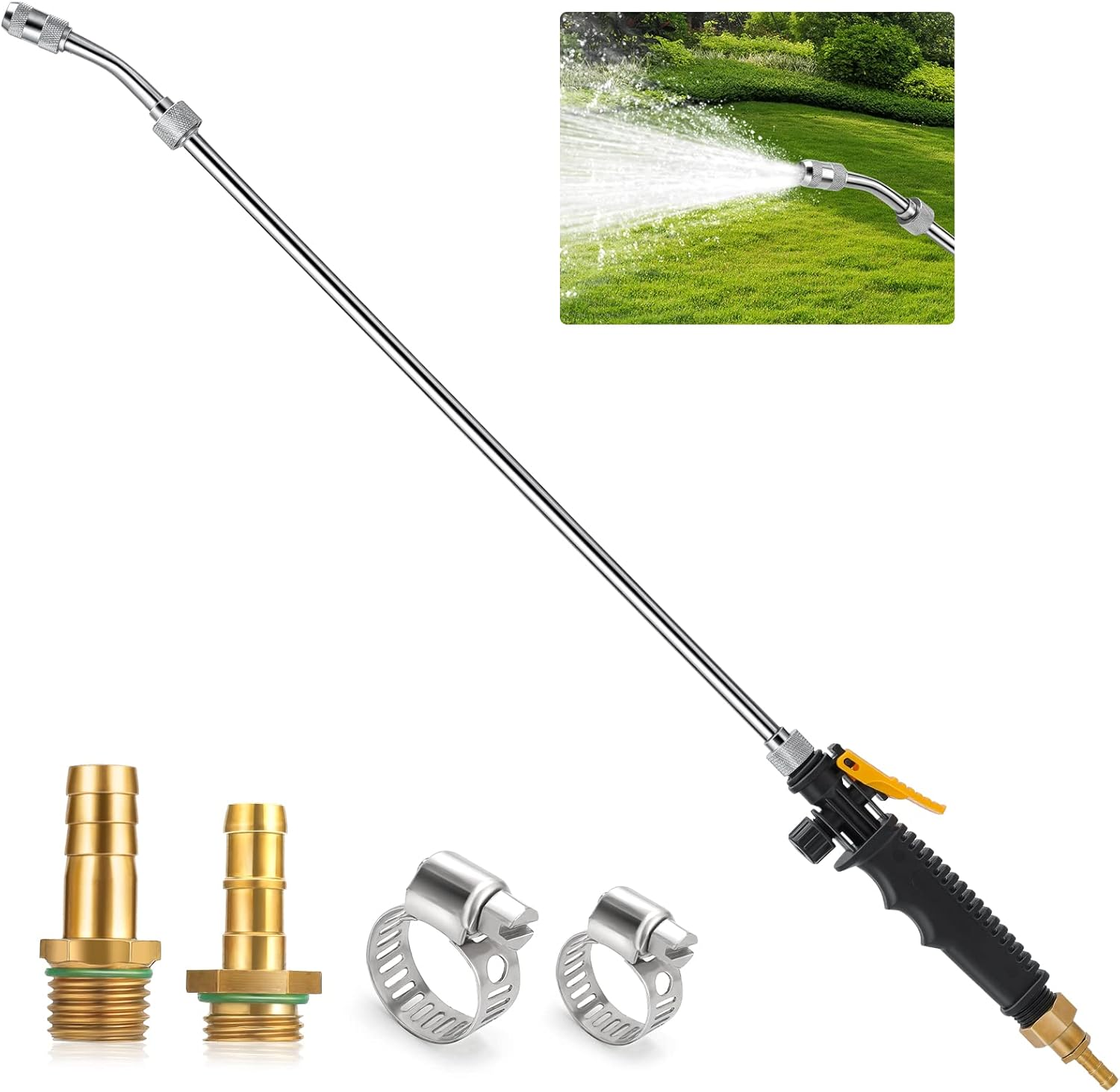 29 Inches Sprayer Wand, 3/8'' & 1/4'' Brass Barb Universal Sprayer Wand Replacement, Stainless Steel Sprayer Parts with Shut off Valve & 2 Hose Clamps, Spray Wands for Garden Hose Black image number 5