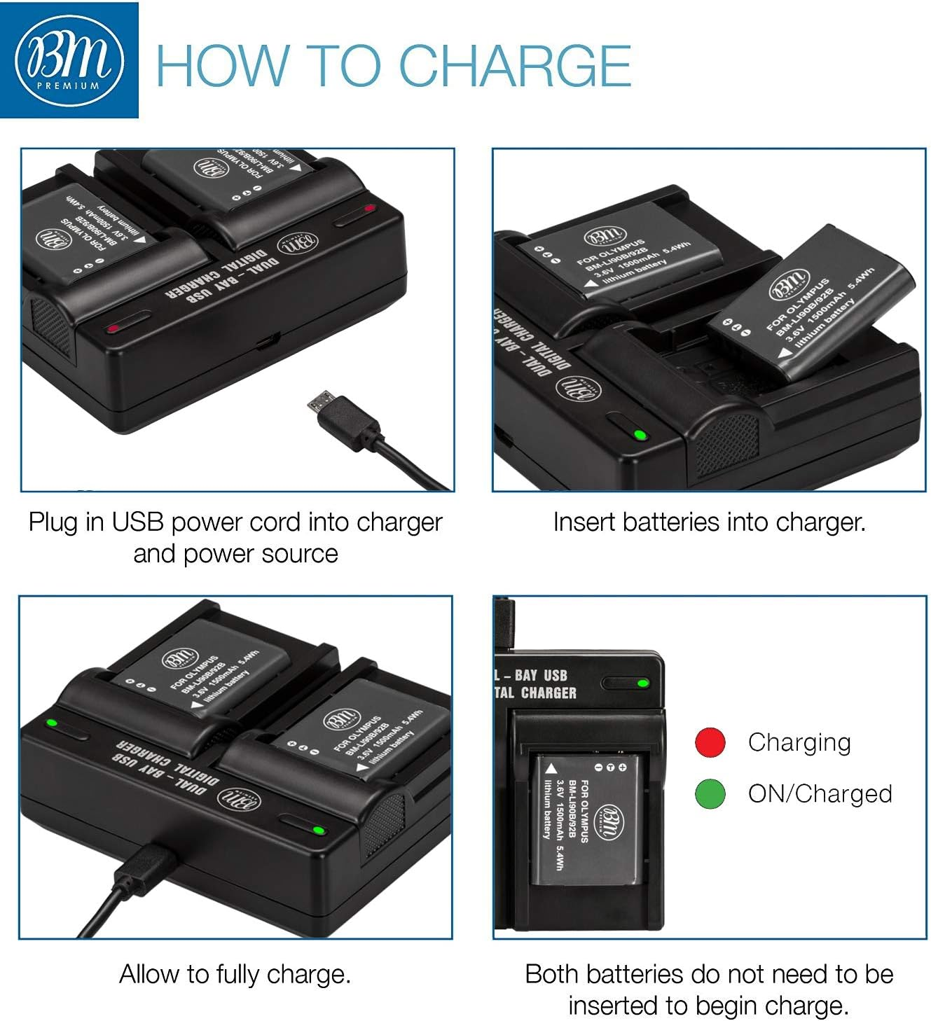 BM Premium 2 LI-90B, LI-92B Batteries and Dual Battery Charger for Olympus Tough TG-6, TG-5, Tg-Tracker, Tough SH-1, SH-2, SP100 IHS, Tough TG-1 Ihs, TG-2 Ihs, TG-3, TG-4, SH-50, SH-60, XZ-2 Ihs image number 6
