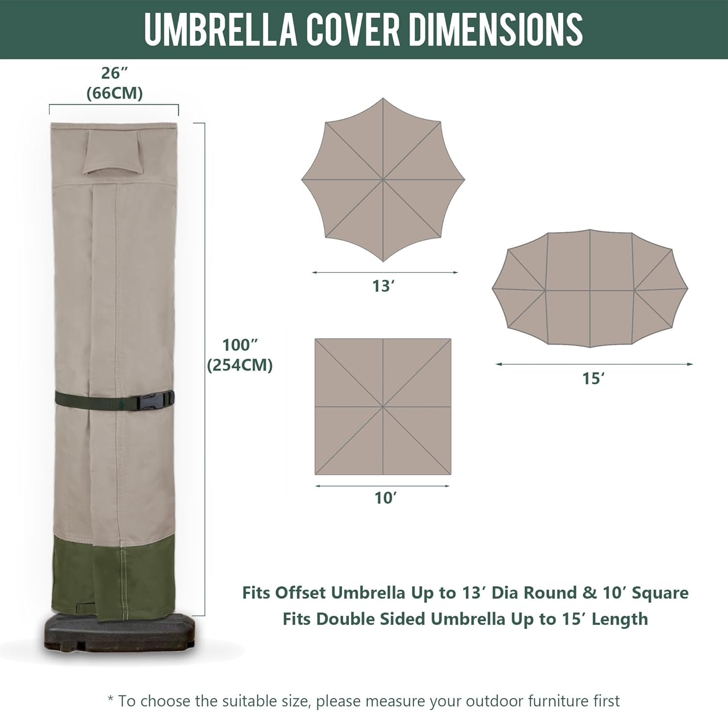 Rachmi Patio Cantilever Umbrella Cover for 9-13 Ft Umbrellas, 600D Water-Resistant UV & Fade Resistant Cover Fits round / Square Outdoor Garden Offset Parasol with Zipper & Rod, Khaki-Green image number 5