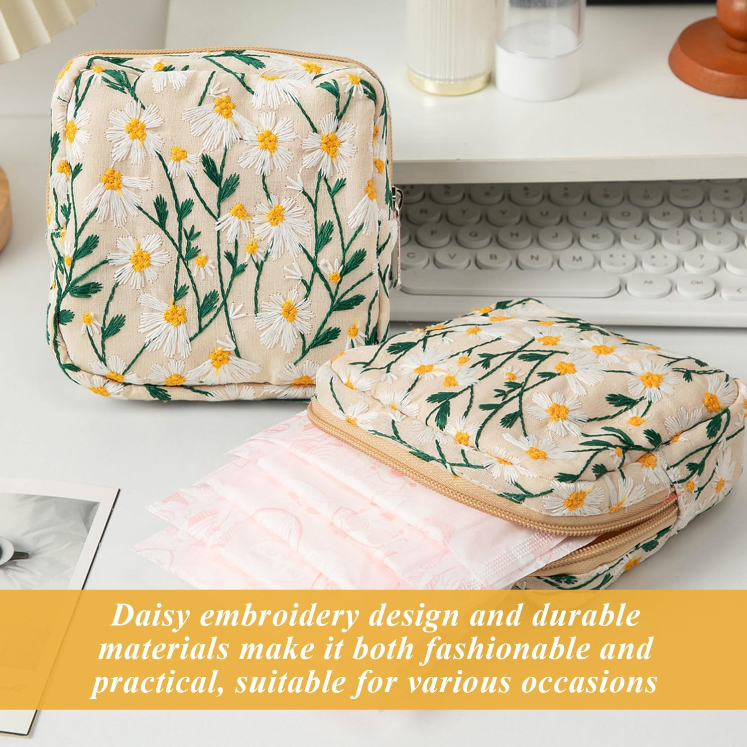 ATBUSS Pack of 3 Bags, 3 Keychains, Large Capacity Canvas Bags, Flower Shaped Clutches, Beauty Storage Bags, Fresh Daisy Pendants, Gifts for Friends image number 1