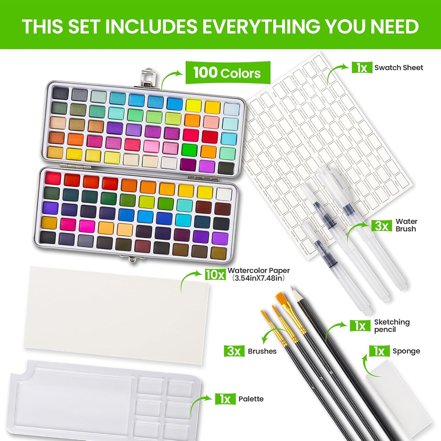 YNTCHENG Watercolor Paint Set 100 Colors,Water Colors Paint Adult Set with Watercolor Paper and Water Brush Pens,Ideal for Kids,Artists and Hobbyists,Perfect Starter Kit for Painting,For Travel image number 2