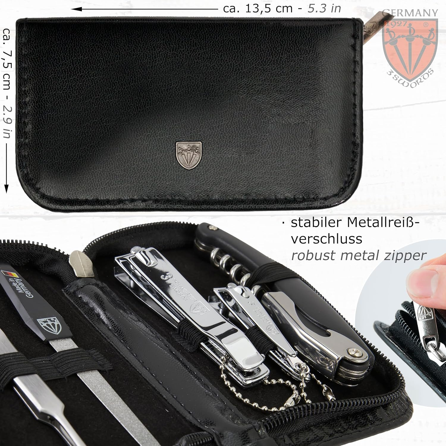 3 Swords Germany - Brand Quality 5 Piece Manicure Pedicure Grooming Kit Set for Professional Finger & Toe Nail Care Scissors Clipper Fashion Leather Case in Gift Box, Made by 3 Swords (00804) image number 2