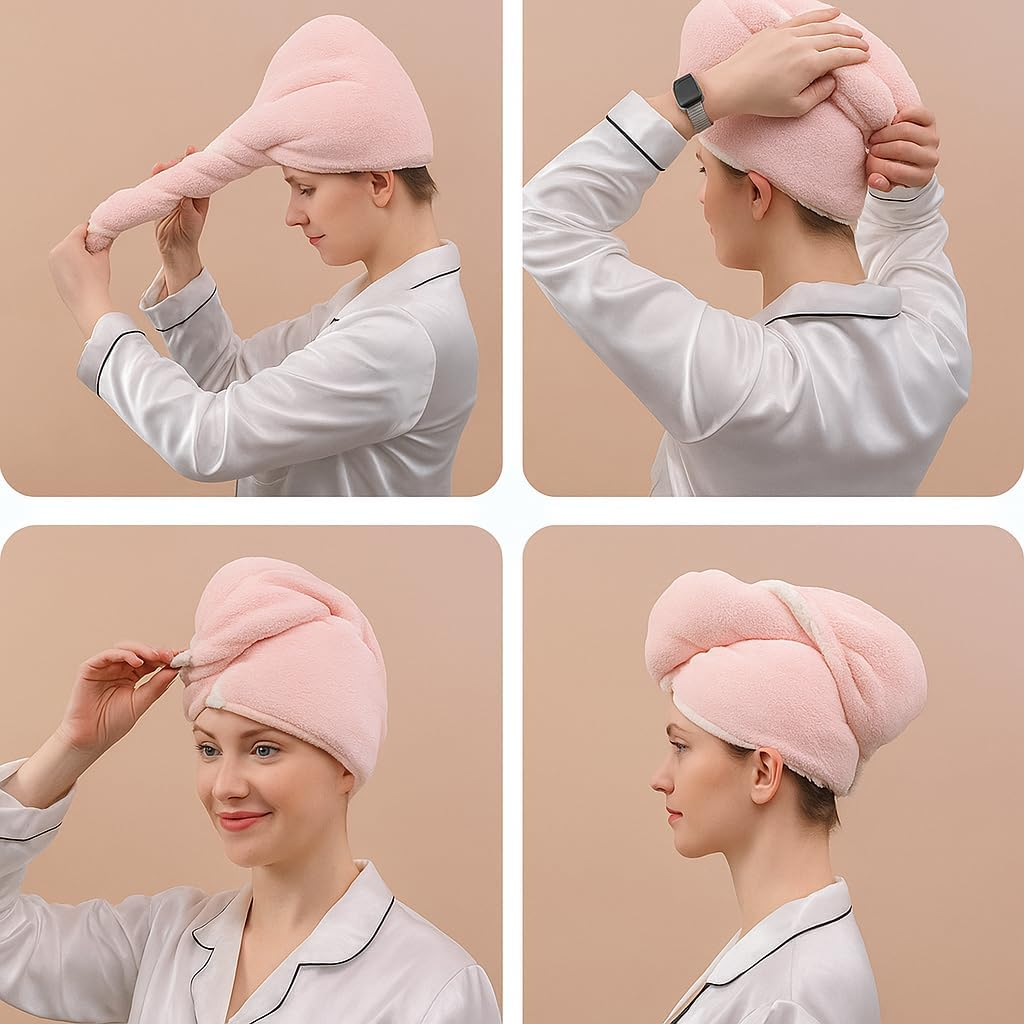 YHMLUX Women&rsquo;S Double-Layer Thick Microfiber Quick-Dry Hair Towel Turban with Adjustable Snap Button &ndash; Ultra-Absorbent Bath Cap for Long Hair (Pink) image number 1