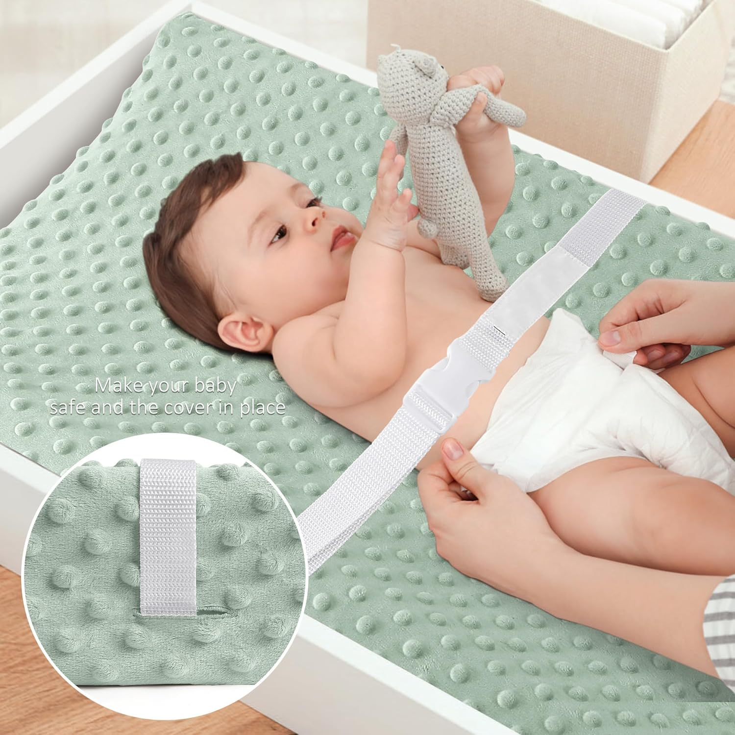 Susurration 2Pack Changing Pad Covers Super Soft Minky Dots Plush Changing Table Covers 33X17X7In Breathable Changing Pad Sheets for Unisex Baby Girls and Boys(Grey&Green) image number 4