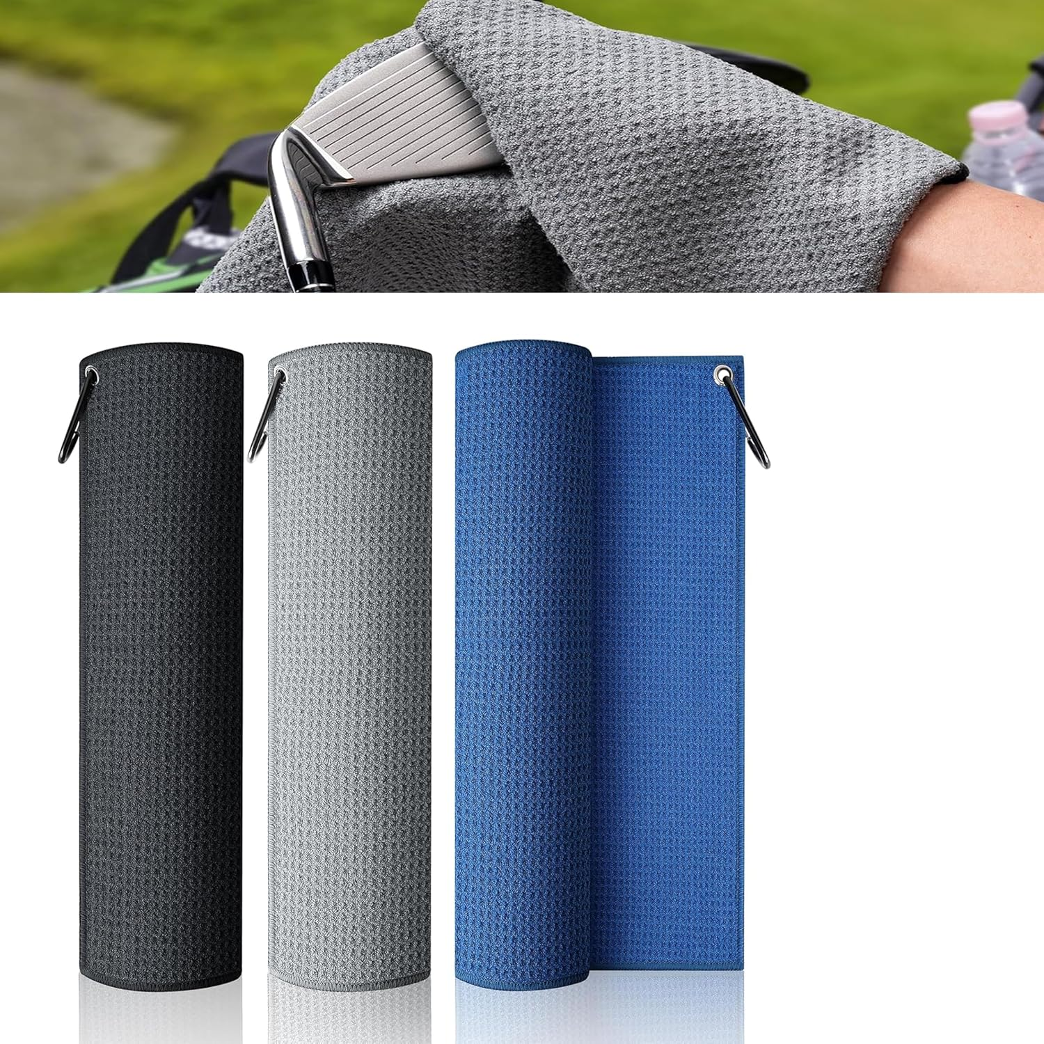 3 Pack 11.8"X11.8" Microfiber Golf Towels with Carabiner Clip, Quick-Dry Absorbent Golf Bag Accessories for Men (Gray, Blue, Black) image number 4