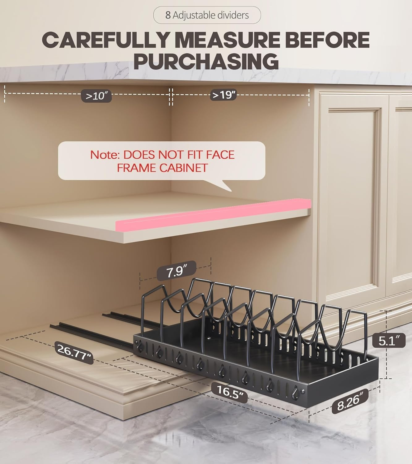 2PACK Pull Out Pots and Pans Organizer under Cabinet, Sliding Lid Holder and Pan Rack in Kitchen, Slide Out inside Cabinet Storage for Pot Lid, Bakeware, Dishes, 8 Adjustable Dividers - Black image number 2