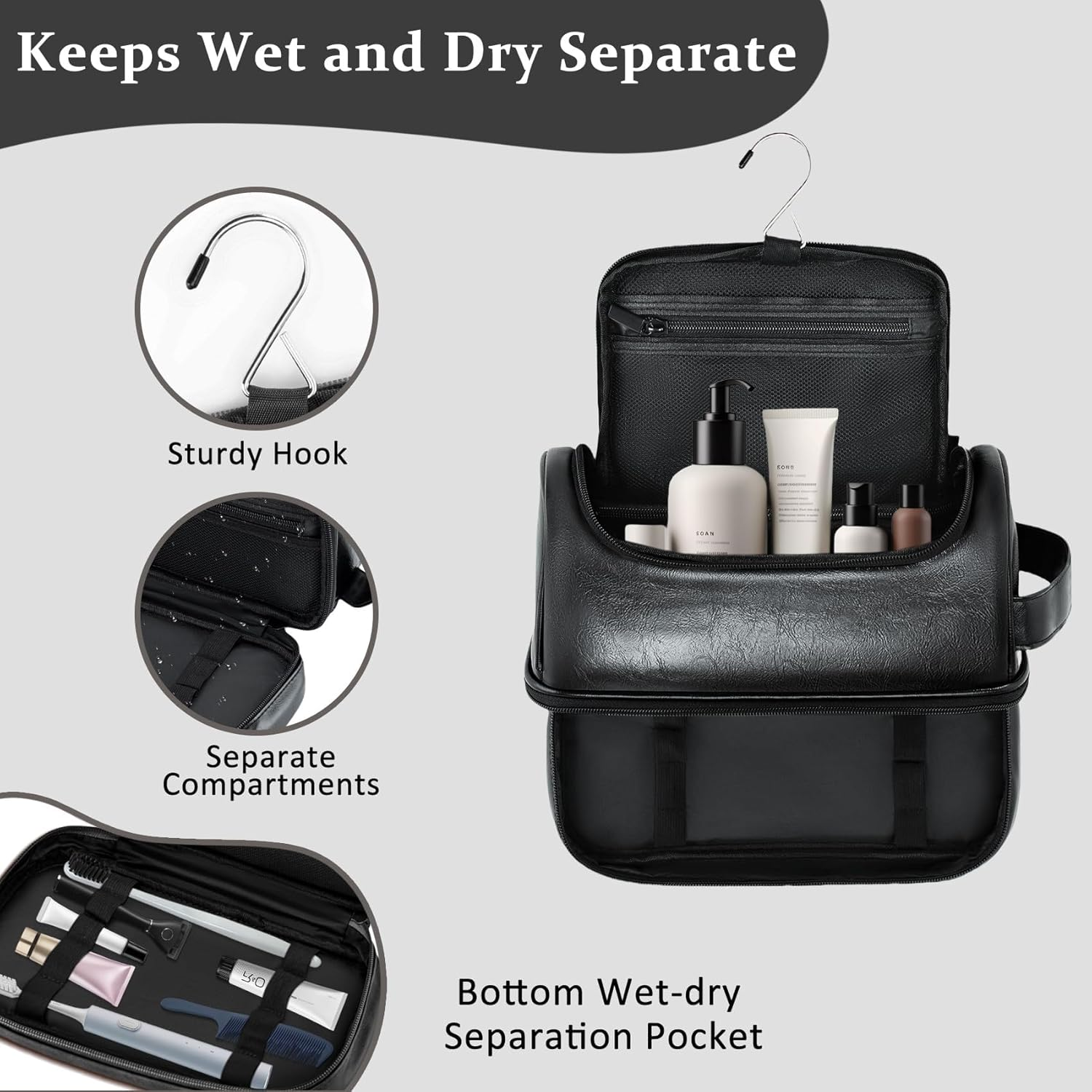 Aganmi Personalized Gifts Travel Toiletry Bag for Men Him, Laser-Engraved Initial PU Leather Waterproof Shaving Bag Christmas Birthday Gift for Men Dad Husband Boyfriend Groomsmen, Black M image number 7