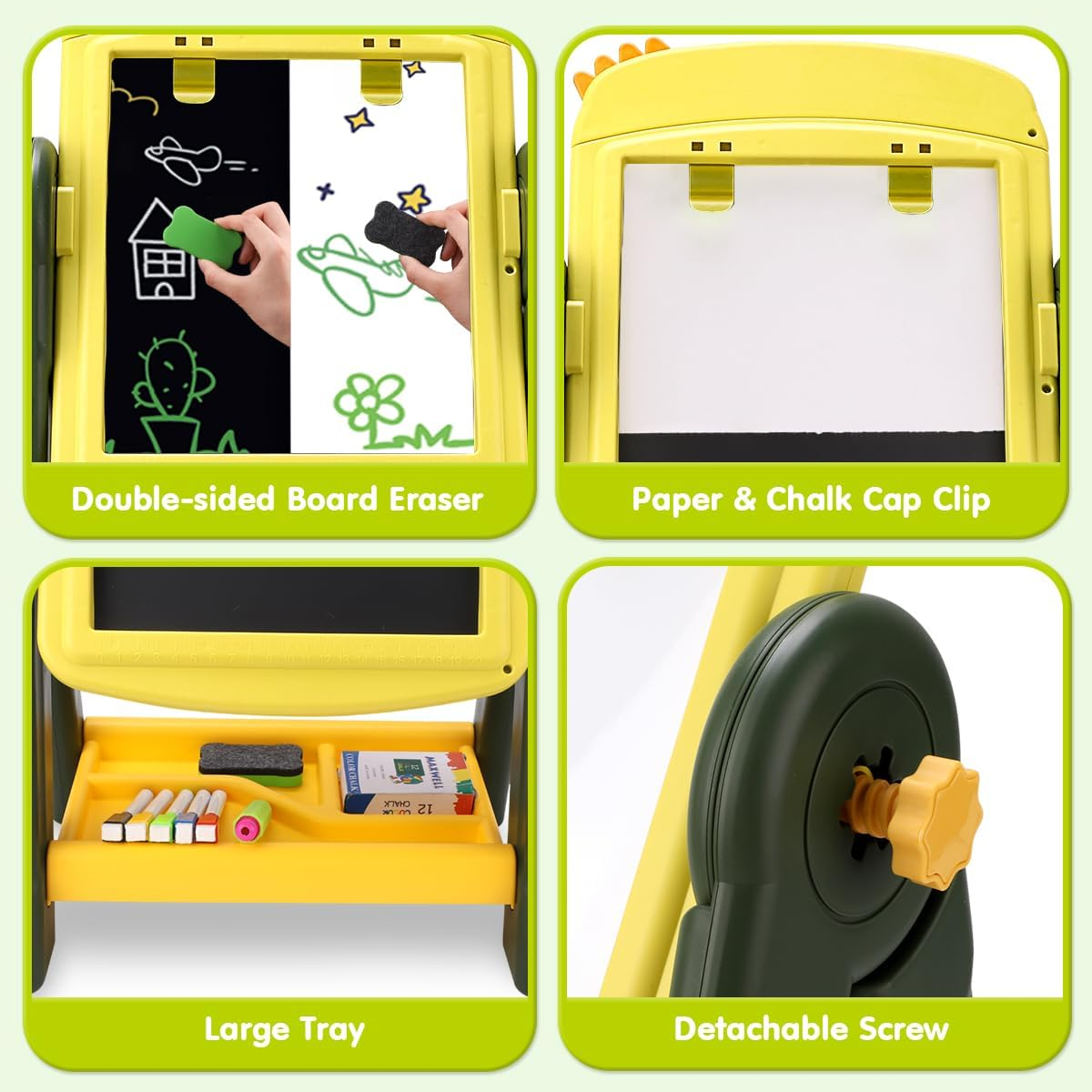 Qizebaby Kid Easel，4 in 1 Rotatable Double Sided for Kids，Adjustable Standing Toddler Toy with Magnetic & Chalk ，Dinosaur Toy for Baby 3 4 5 6 Years Old Boys & Girls