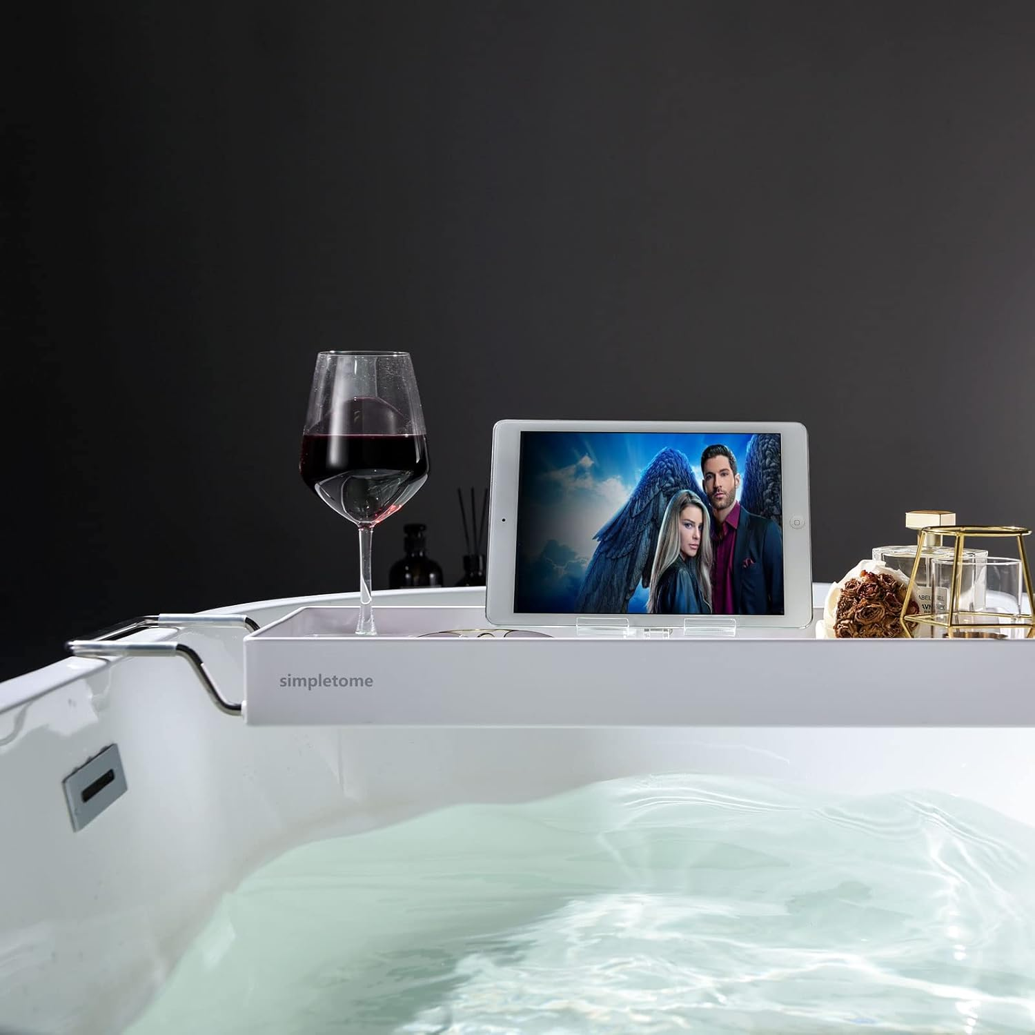 Simpletome Bathtub Tray Expandable, Floating Clear Acrylic with Aluminum Alloy, Anti-Slip (White) - White image number 3